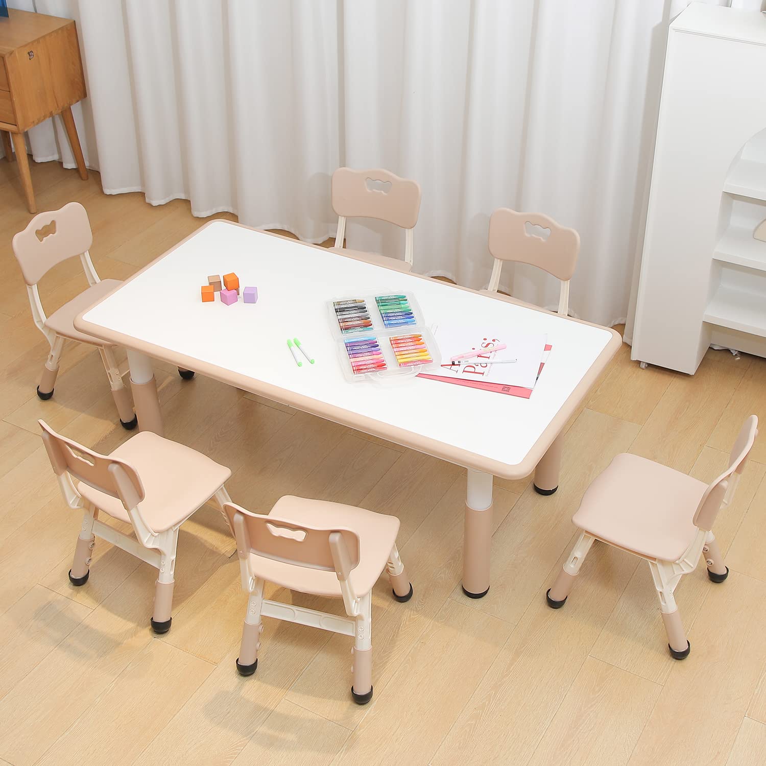**Adjustable Kids Table and Chairs Set for Boys & Girls Ages 2-12 – 6-Seat Preschool Table for Classrooms, Daycares & Homes – Perfect for Learning, Playtime & Meals**