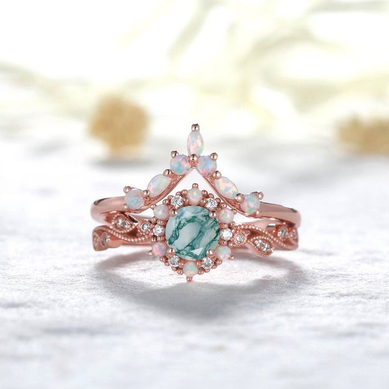 Rose Gold Moss Agate & Diamond Wedding Ring Set - Opal Bridal Jewelry for Women - Perfect for Engagement, Anniversary & Special Occasions