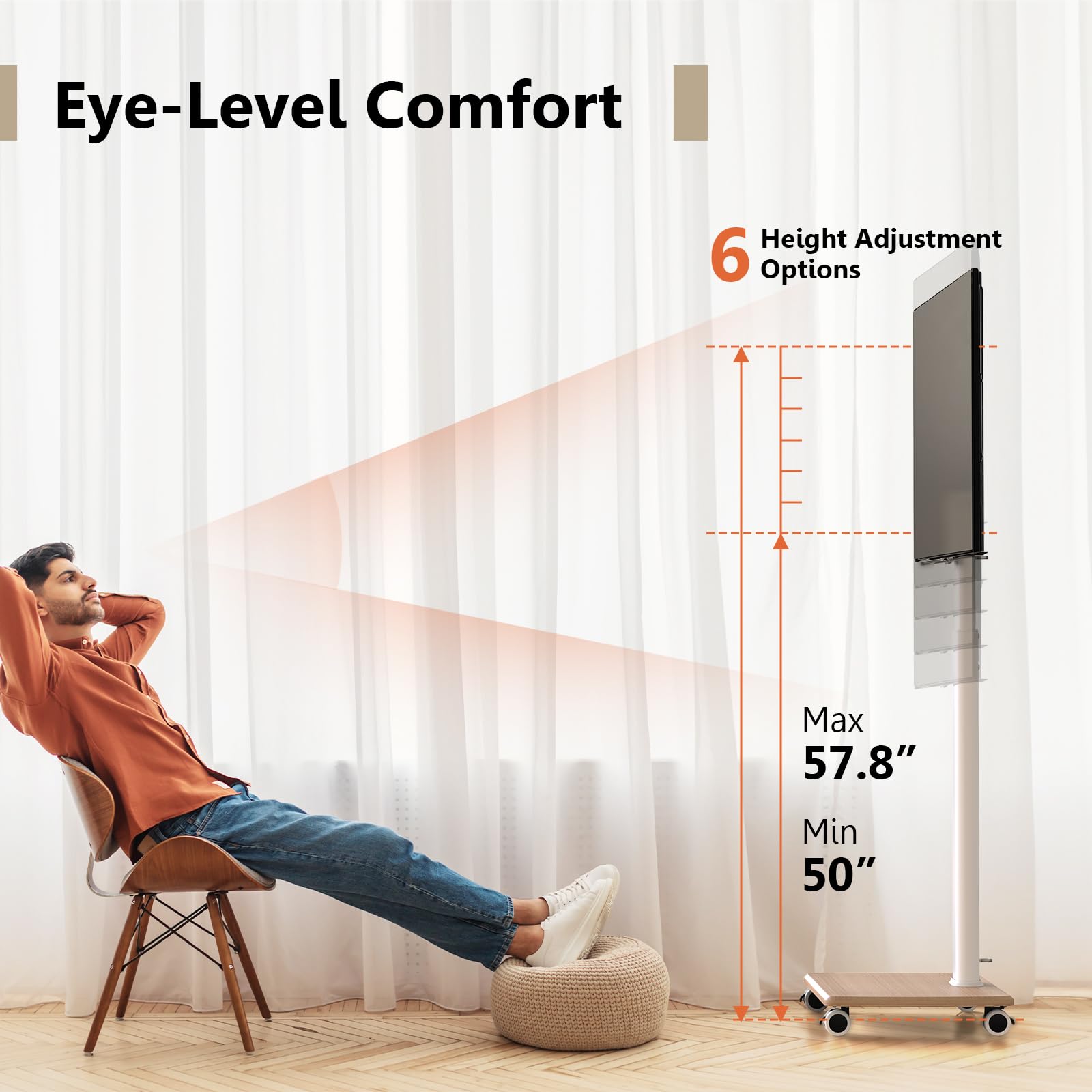 FITUEYES Rolling TV Stand with Power Outlets - Swivel Mobile TV Cart for 32-70 Inch Flat/Curved Screens, Height Adjustable Wood Base Supports 99Lbs - Perfect for Living Room, Bedroom, and Office Entertainment Setup