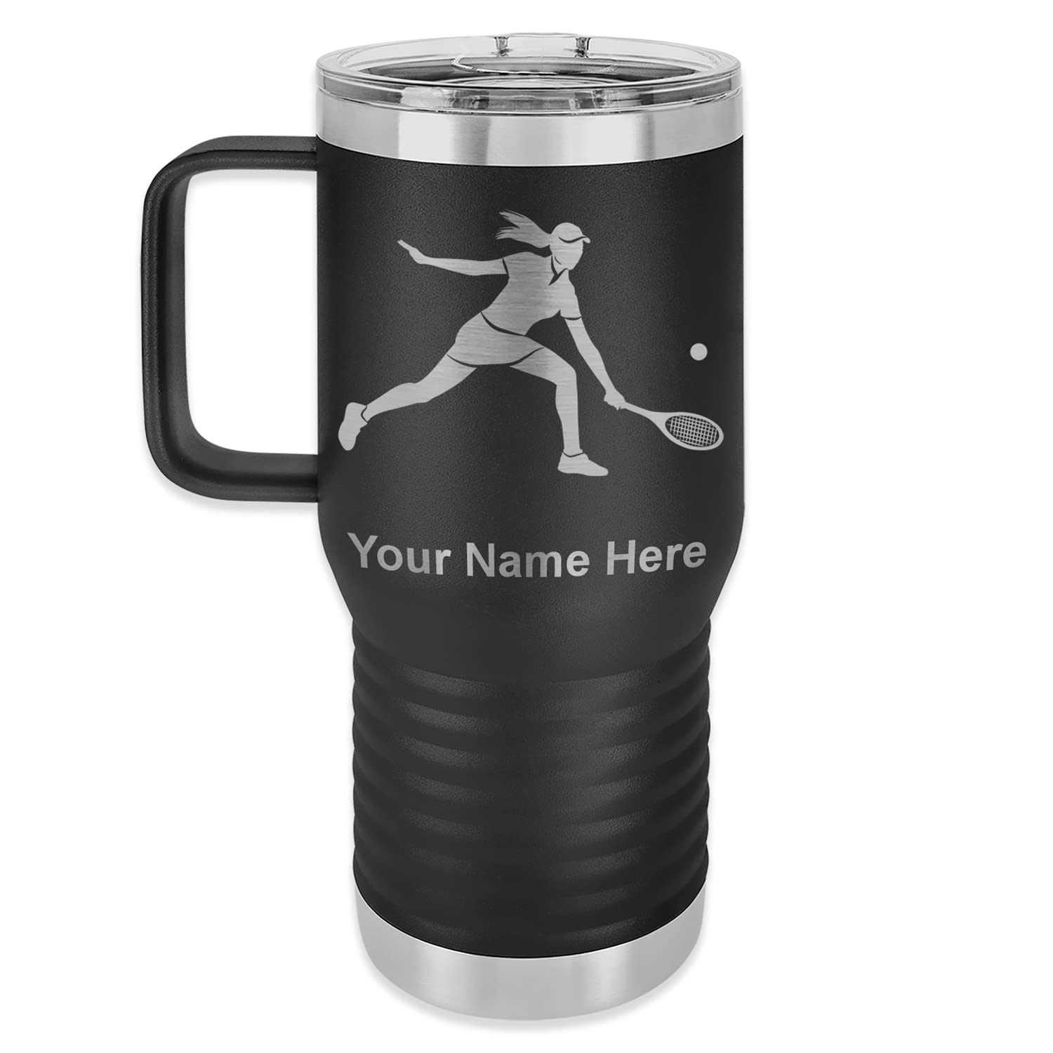 20oz Vacuum Insulated Stainless Steel Travel Mug with Handle - Personalized Engraved Tennis Player Design - Leakproof Coffee Thermos for Women - Perfect for Gym, Office & Commuting (Black)
