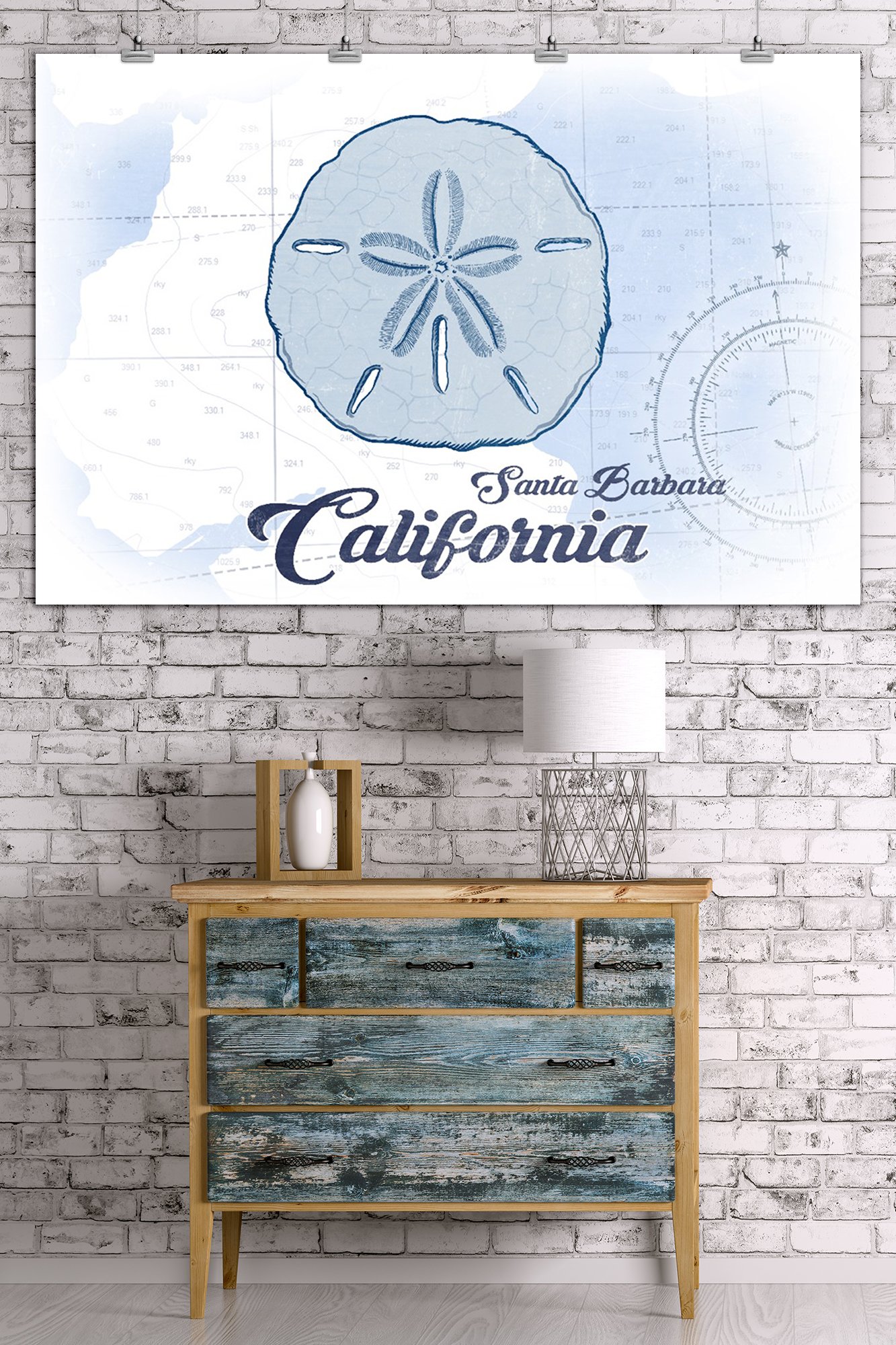 Santa Barbara California Sand Dollar Blue Coastal Icon - 36x54 Giclee Gallery Print - Travel Poster Wall Decor for Beach House, Coastal Living Room & Vacation Home Decor