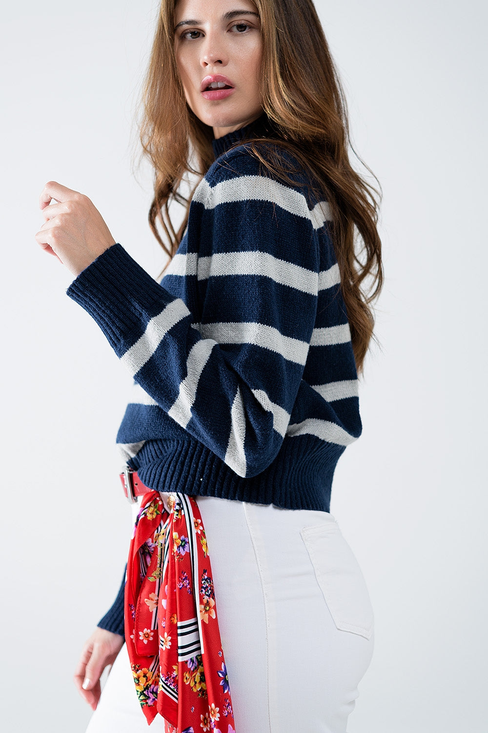 Men's Striped Pullover High Neck Sweater in Navy Blue & Gray - Perfect for Casual Wear, Office Outfits, and Winter Layering