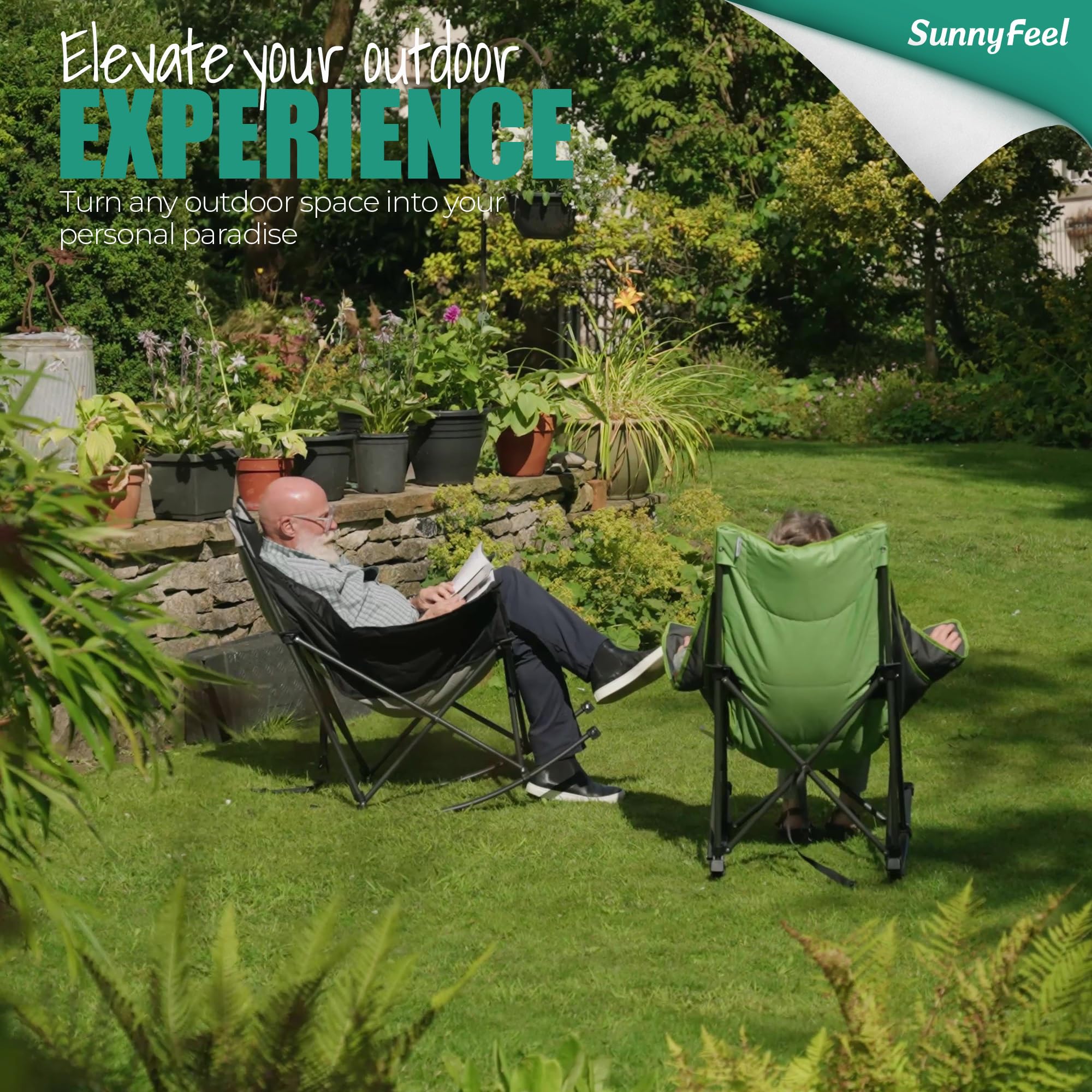 **SUNNYFEEL Premium Rocking Camping Chair - Heavy Duty Oversized Folding Recliner with Padded Seat & Storage Pocket - Portable Outdoor Lounge Chair for Camping, Picnic, Beach, Patio & Backyard Relaxation**