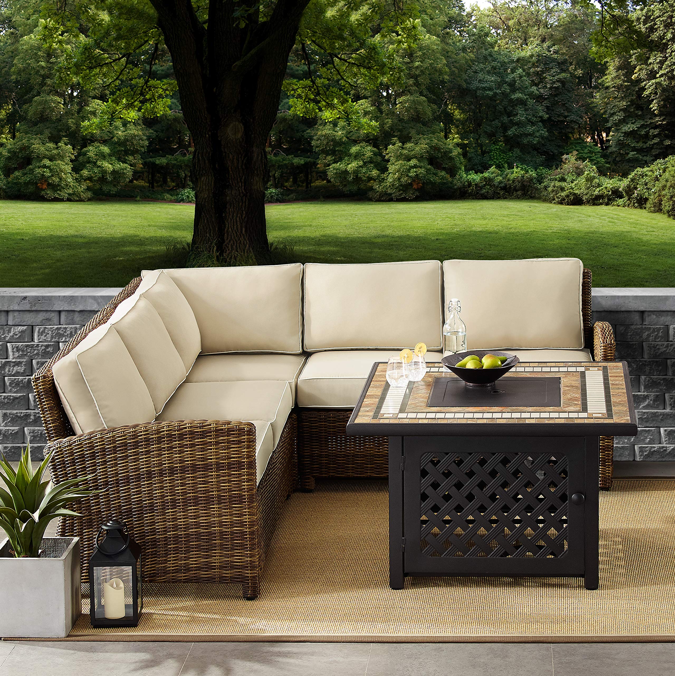 Crosley Bradenton 4-Piece Wicker Outdoor Sectional Sofa Set with Fire Pit Table & Sand Cushions - Brown Patio Furniture for Backyard, Garden & Poolside Relaxation