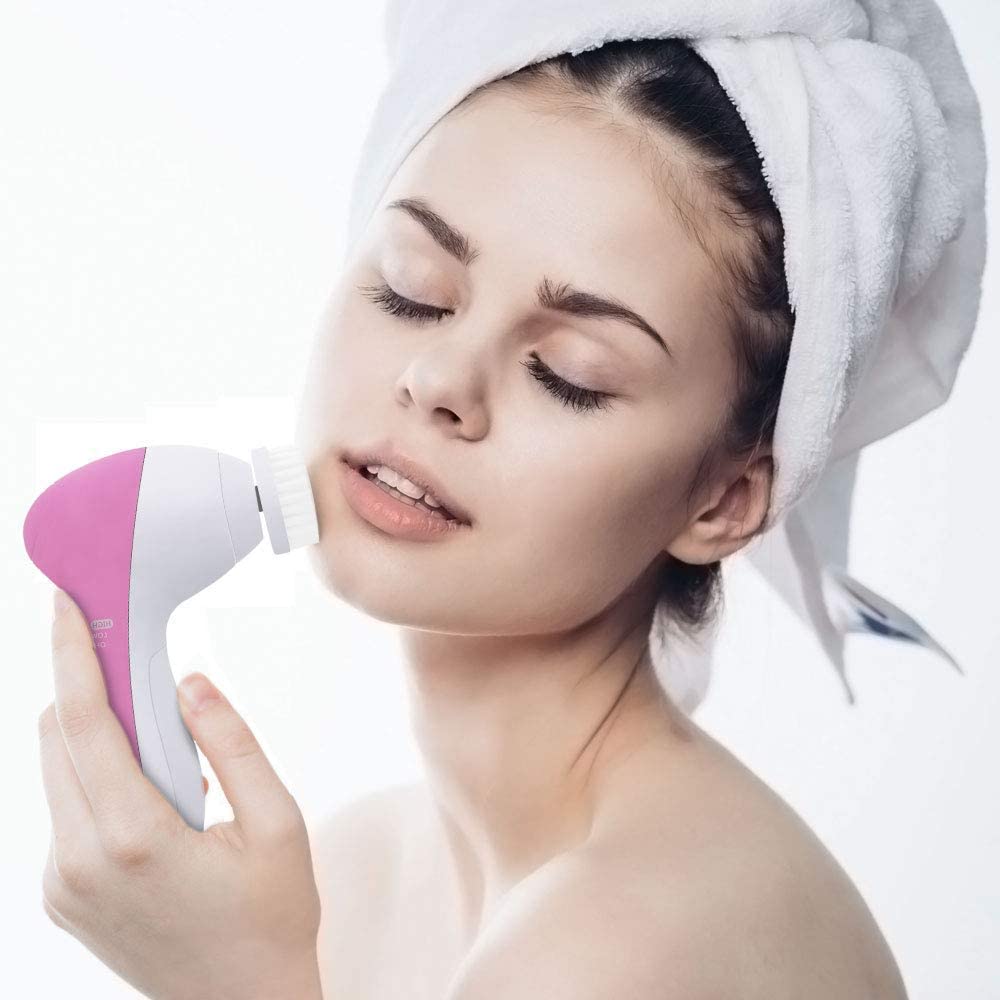 5-in-1 Mini Skin Beauty Exfoliating Brush & Face Scrubber - Deep Cleansing & Gentle Exfoliation Massager for Women, Battery Powered, White - Perfect for Daily Skincare Routine & Spa-Like Facial Treatment at Home