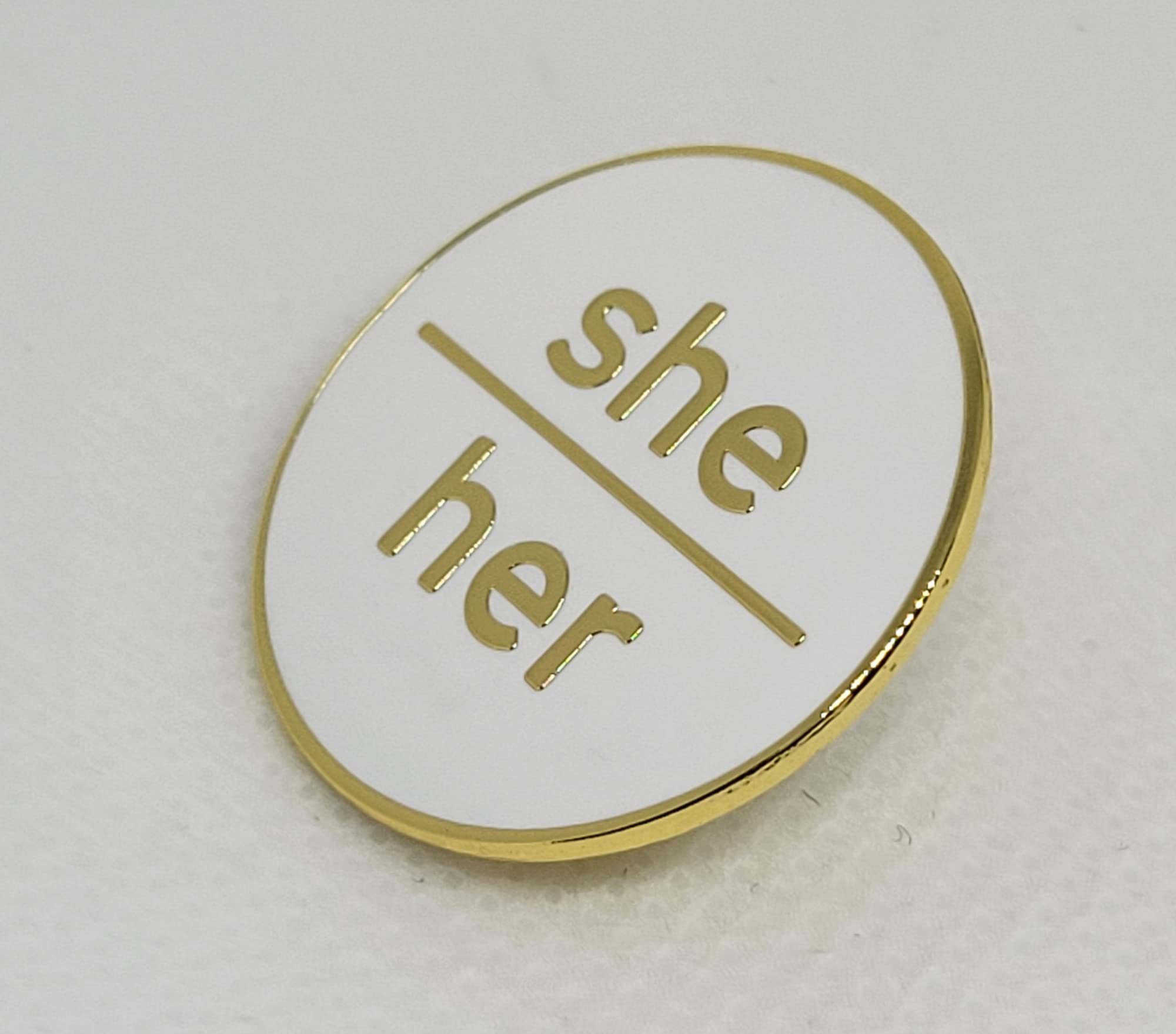 She/Her Enamel Pin - White & Gold Minimalist Pronoun Button for Pride & Work