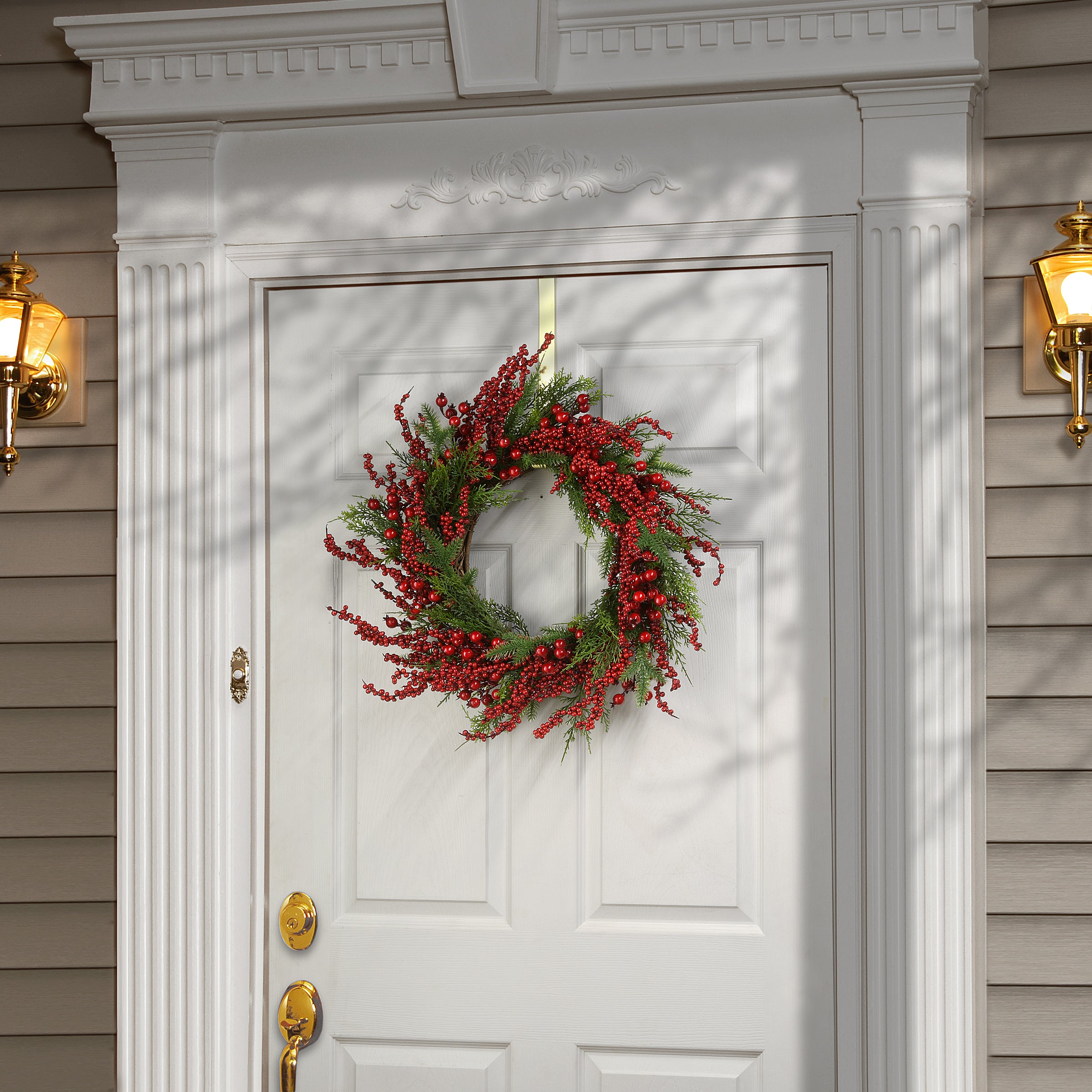 24 Inch Cedar and Berry Wreath - Elegant Christmas Holiday Door Decor for Front Porch and Home Entryway