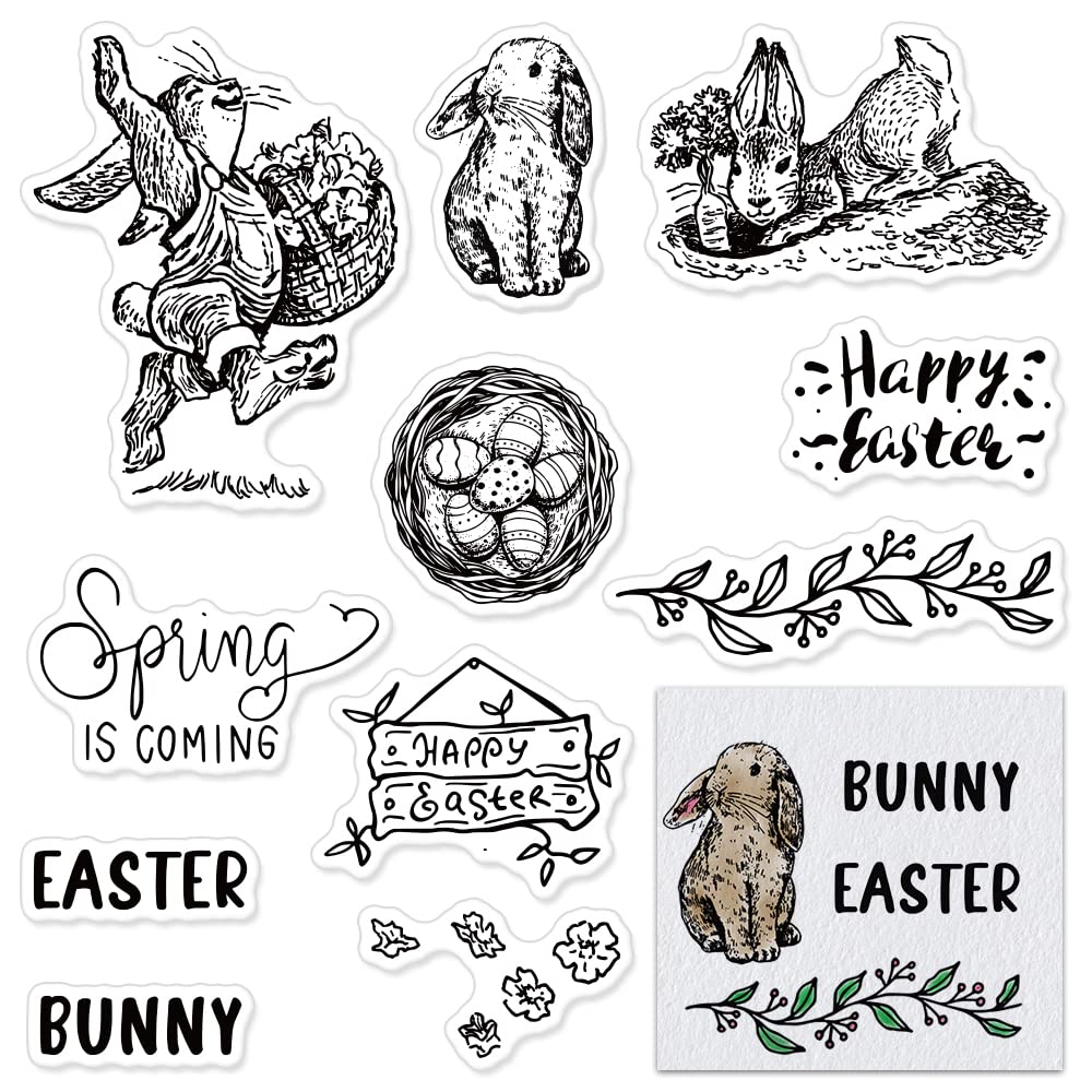Happy Easter Bunny Rabbit Clear Stamps for Card Making - Spring Easter Eggs, Leaves & Flower Rubber Stamps Set - DIY Scrapbooking, Greeting Cards & Paper Crafts - Perfect for Easter Decorations, Gift Wrapping & Spring-Themed Projects