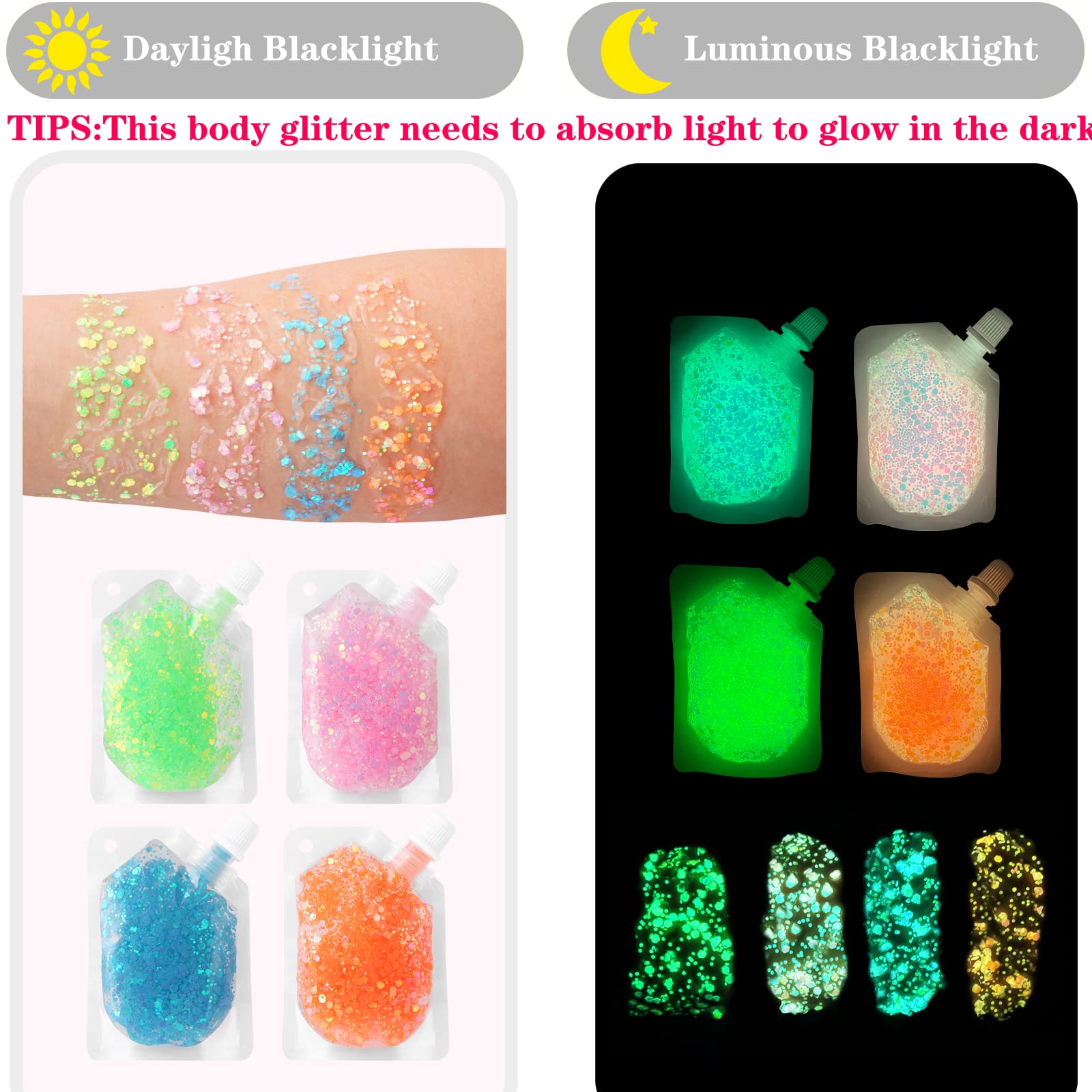 MEICOLY Glow in The Dark Body & Face Glitter Gel - Luminous Halloween Chunky Sequins, Self-Adhesive Neon UV Blacklight Glitter for Women | Perfect for Parties, Festivals, Raves & Nightclubs (Blue)