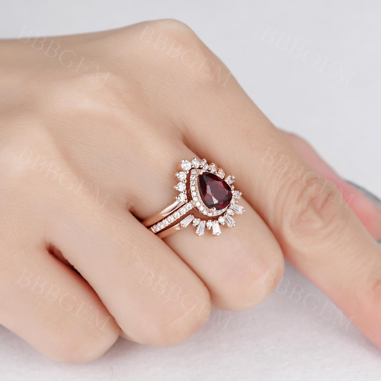 3Pcs Pear Garnet Vintage Engagement Ring Wedding Set - 1.2 Carat Diamond Band for Women, Bridal Jewelry, Anniversary Gift, Proposal & Special Occasions