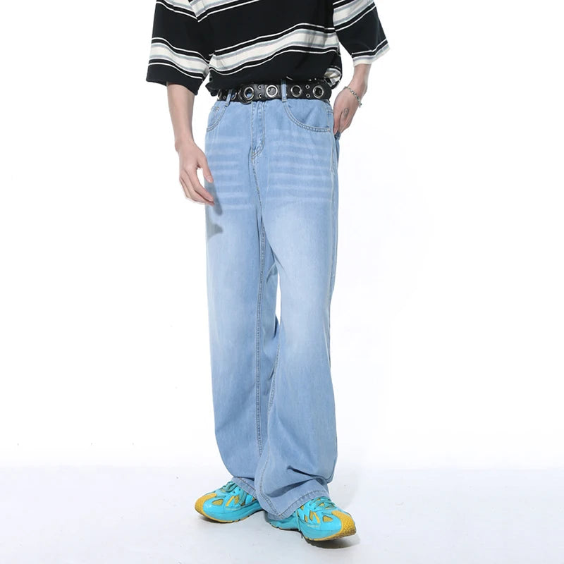 American Style Men's Loose Pocket Zipper Washed Denim Jeans - Casual Straight Wide Leg Trousers for Autumn | Trendy Streetwear & Everyday Comfort (Style 9C5395)