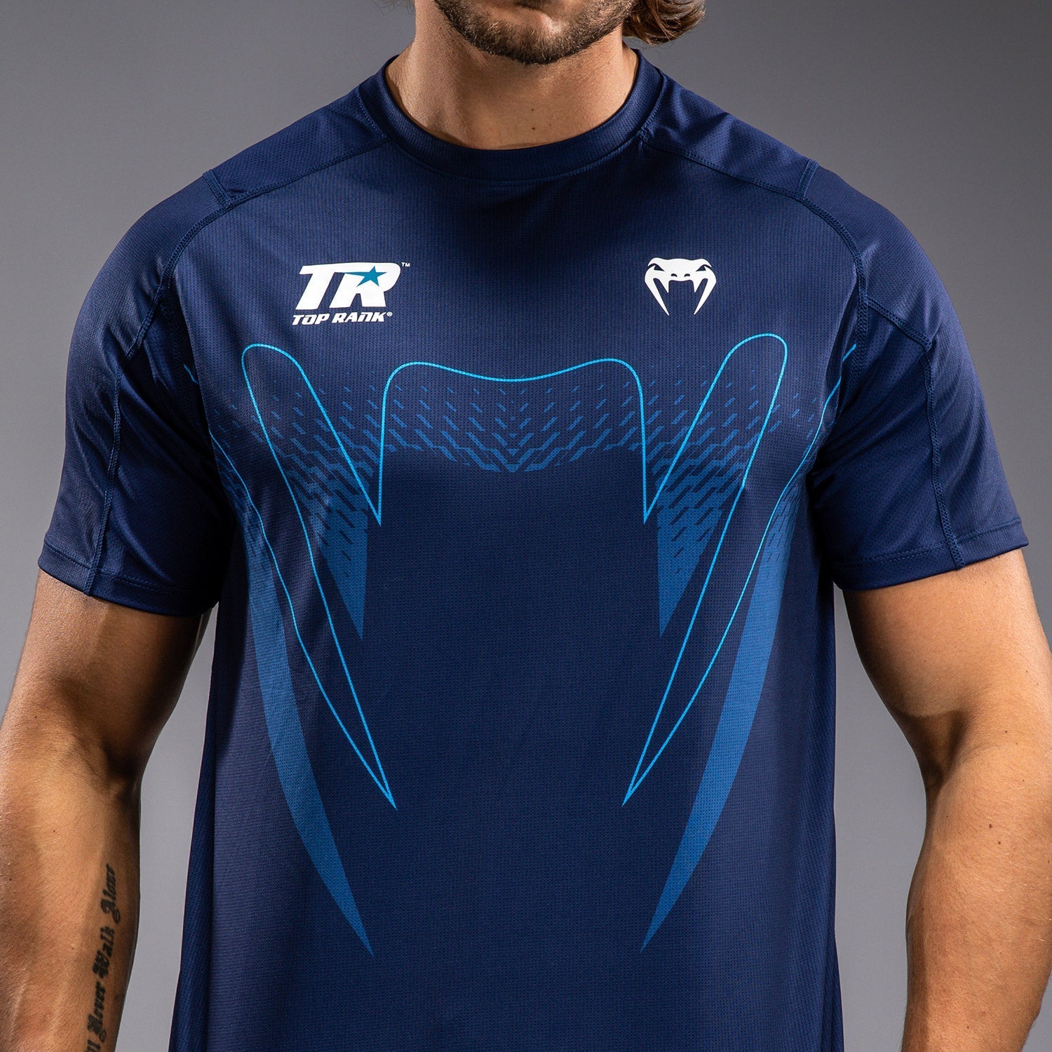 Venum x Top Rank Original Men's Dry Tech Shirt - Moisture Wicking Performance T-Shirt for MMA, Boxing & Training - Navy Blue Athletic Apparel