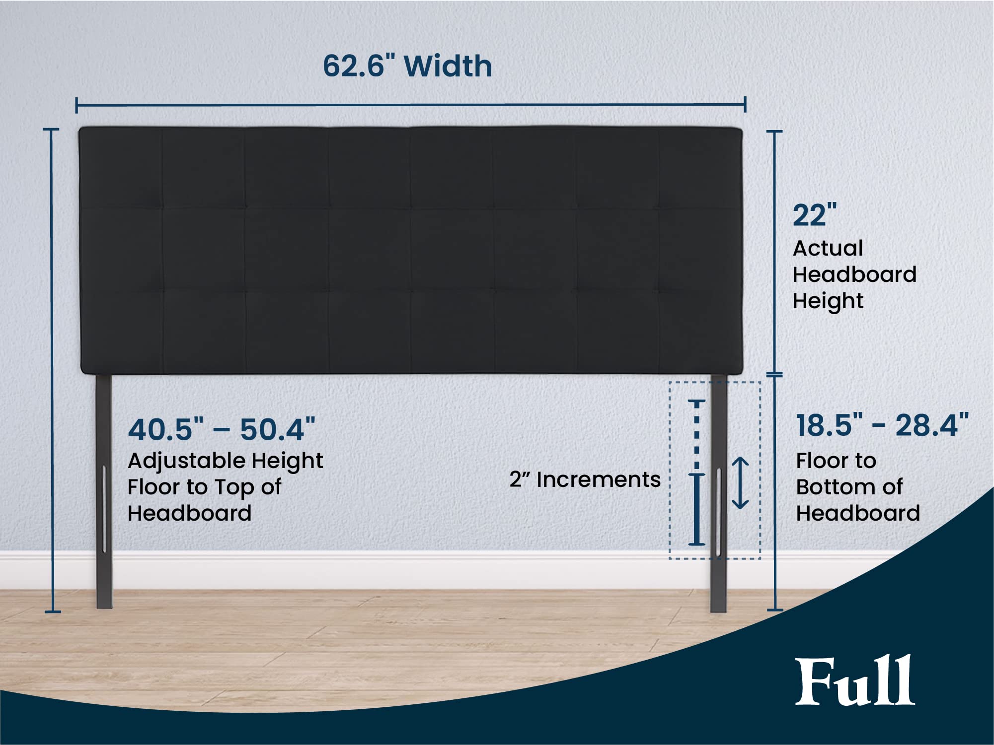 Naomi Home Jessenia Upholstered Tufted Headboard for Full Size Bed - 12 Adjustable Positions, Wall Mounted Linen Fabric Backboard (Black) - Perfect for Modern Bedrooms, Guest Rooms & Small Space Living