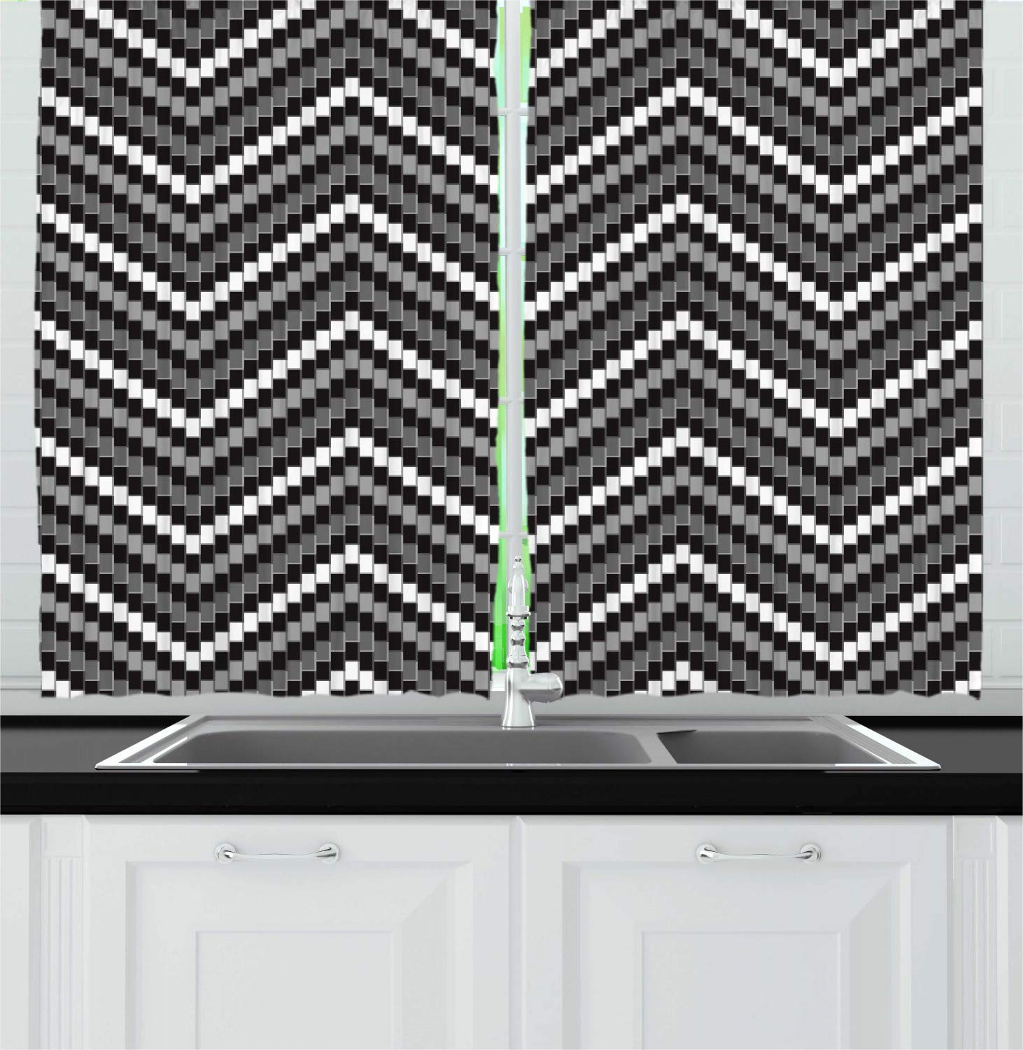 Ambesonne Black and Grey Kitchen Curtains Set of 2 Panels - Herringbone Pattern Zigzag Striped Window Drapes for Kitchen & Cafe Decor, 55