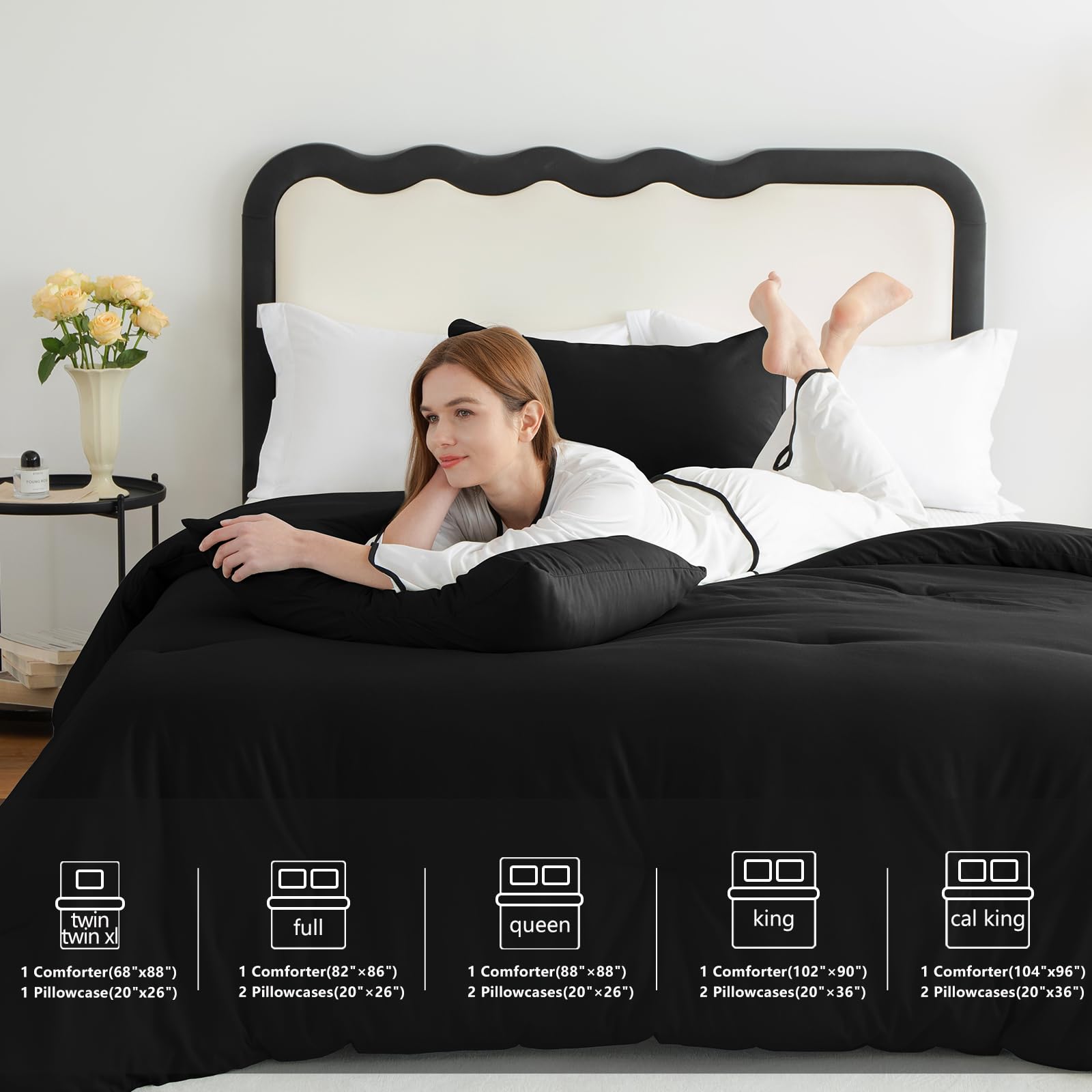 Premium King Size Comforter Set - 3 Piece Black Microfiber Down Alternative Bedding Set with Quilted Design | Ultra Soft & Breathable | Includes 1 Comforter & 2 Pillow Shams | Perfect for Master Bedroom, Guest Room & Luxury Hotel Style Decor