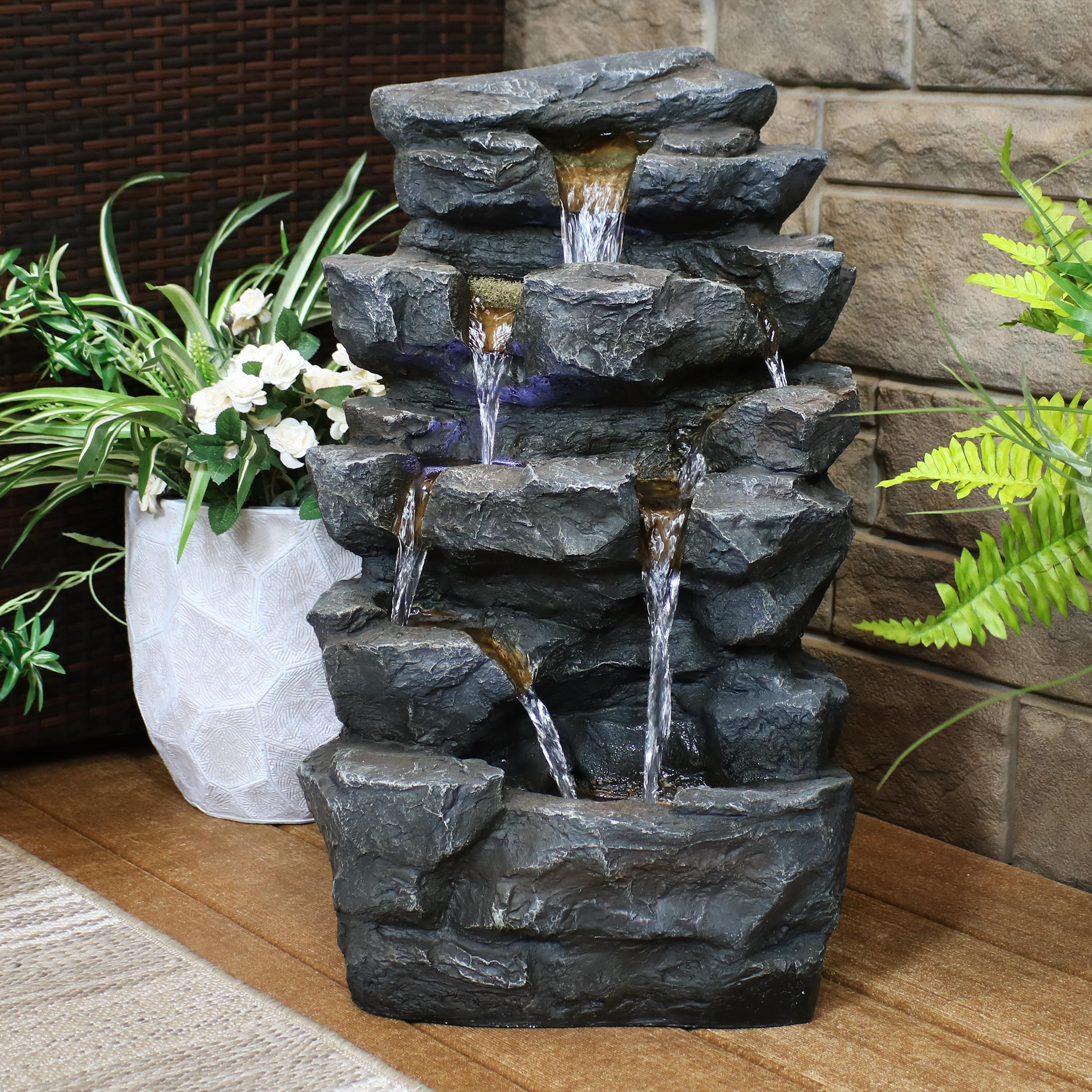 Sunnydaze Grotto Falls Outdoor Water Fountain with LED Lights - 24 Inch Tall Relaxing Garden Fountain for Patio, Yard, and Backyard Decor