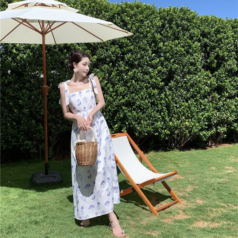French Retro Thin Strap Long Summer Dress - Floral Print Maxi Dress in Purple | Perfect for Beach Vacations, Date Nights & Summer Weddings