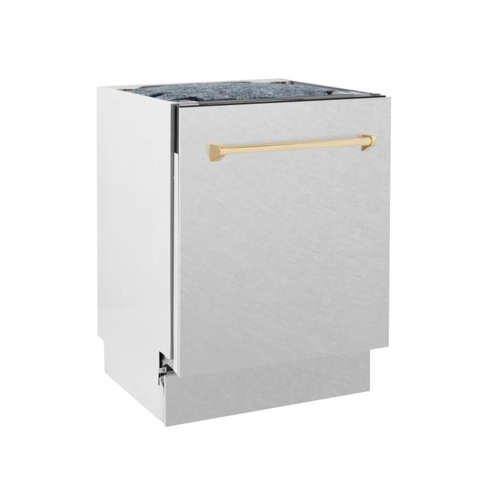 ZLINE Autograph Edition 24 Inch Built-In Dishwasher - Tallac Series with 3rd Rack, Top Control Panel, Satin Stainless Steel & Polished Gold Handle, Ultra Quiet 51dBa (DWVZ SN 24 G) - Perfect for Modern Kitchens, Luxury Homes & Open-Concept Living Spaces