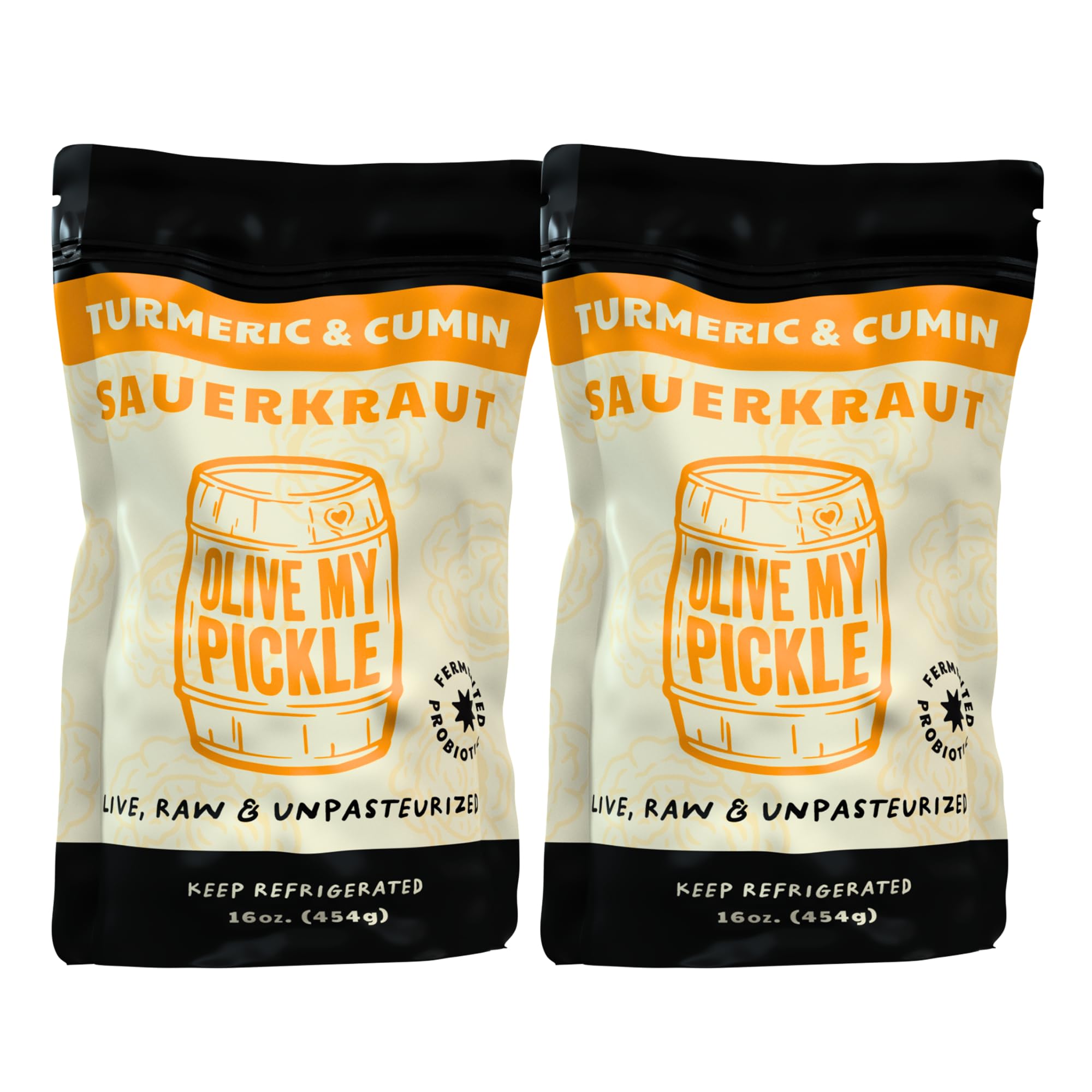 Olive My Pickle Fermented Sauerkraut - 2-Pack (32oz) | Probiotic Turmeric & Cumin for Gut Health - Perfect for Sandwiches & Salads