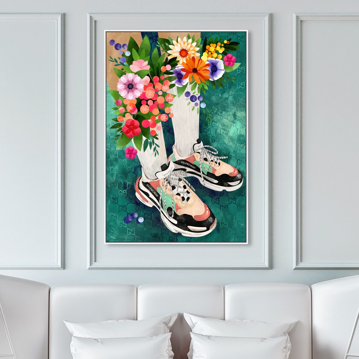 Stylish Floral Sneakers & Socks Set with Modern Green Canvas Wall Art - Perfect for Bedroom Decor and Casual Outfits