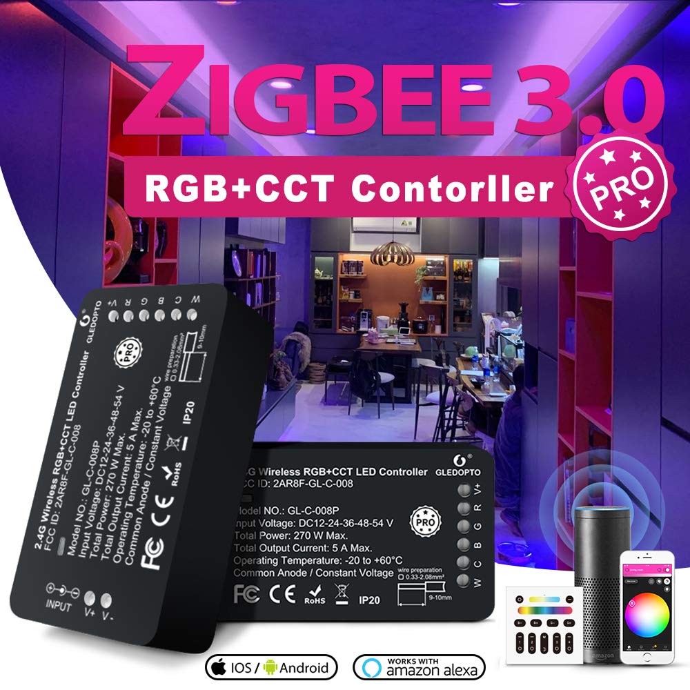 Smart LED Strip Light Controller - RGBCCT/RGBW Zigbee Dimmer for 12-24V LED Strips | Works with Amazon Echo Plus | Perfect for Home Theater, Bedroom Lighting & Party Decor