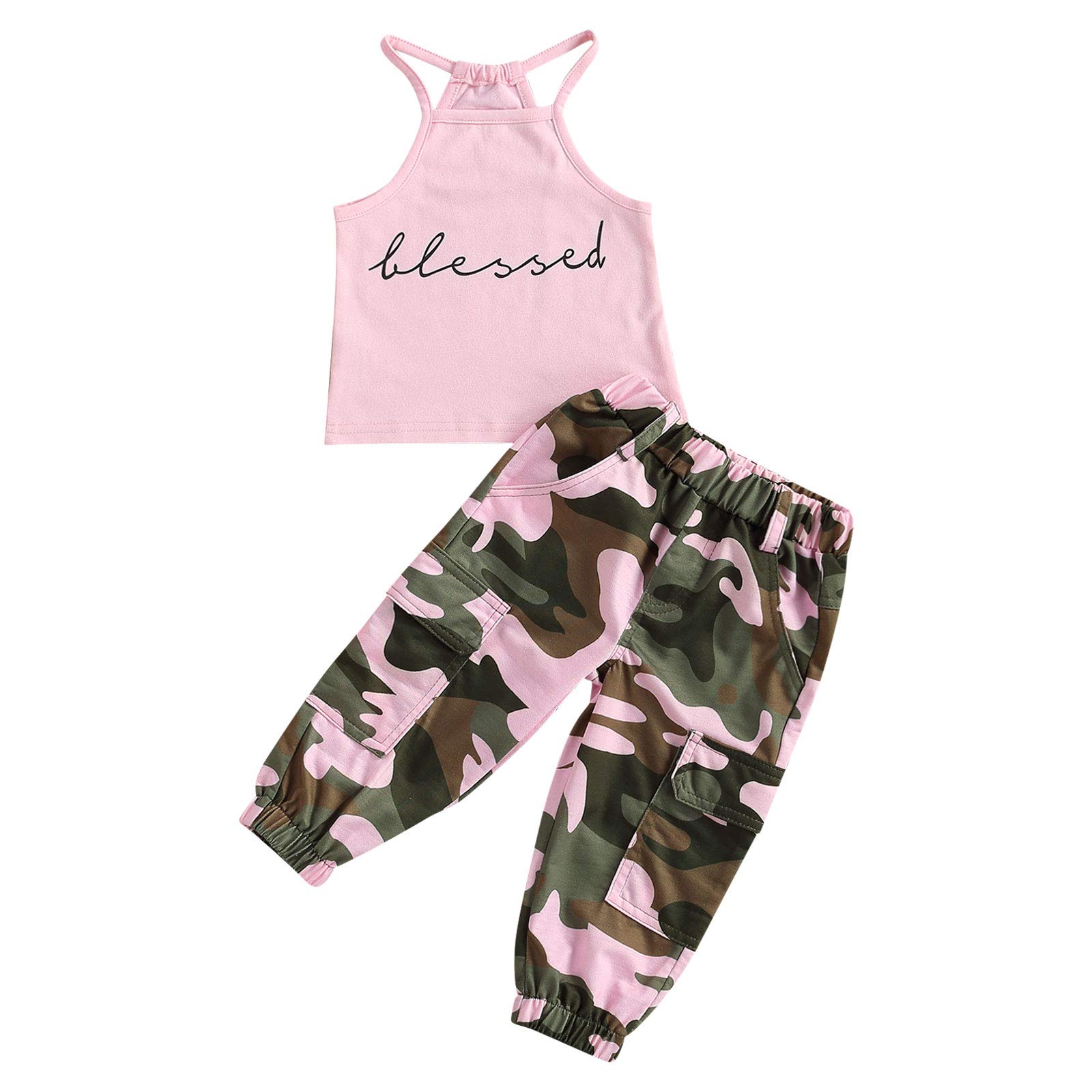 CIYCUIT Toddler Girl Summer Outfit - Blessed Letter Print Tank Top & Camo Pants Set | Cute Casual Playwear for Beach, Park & Daily Activities