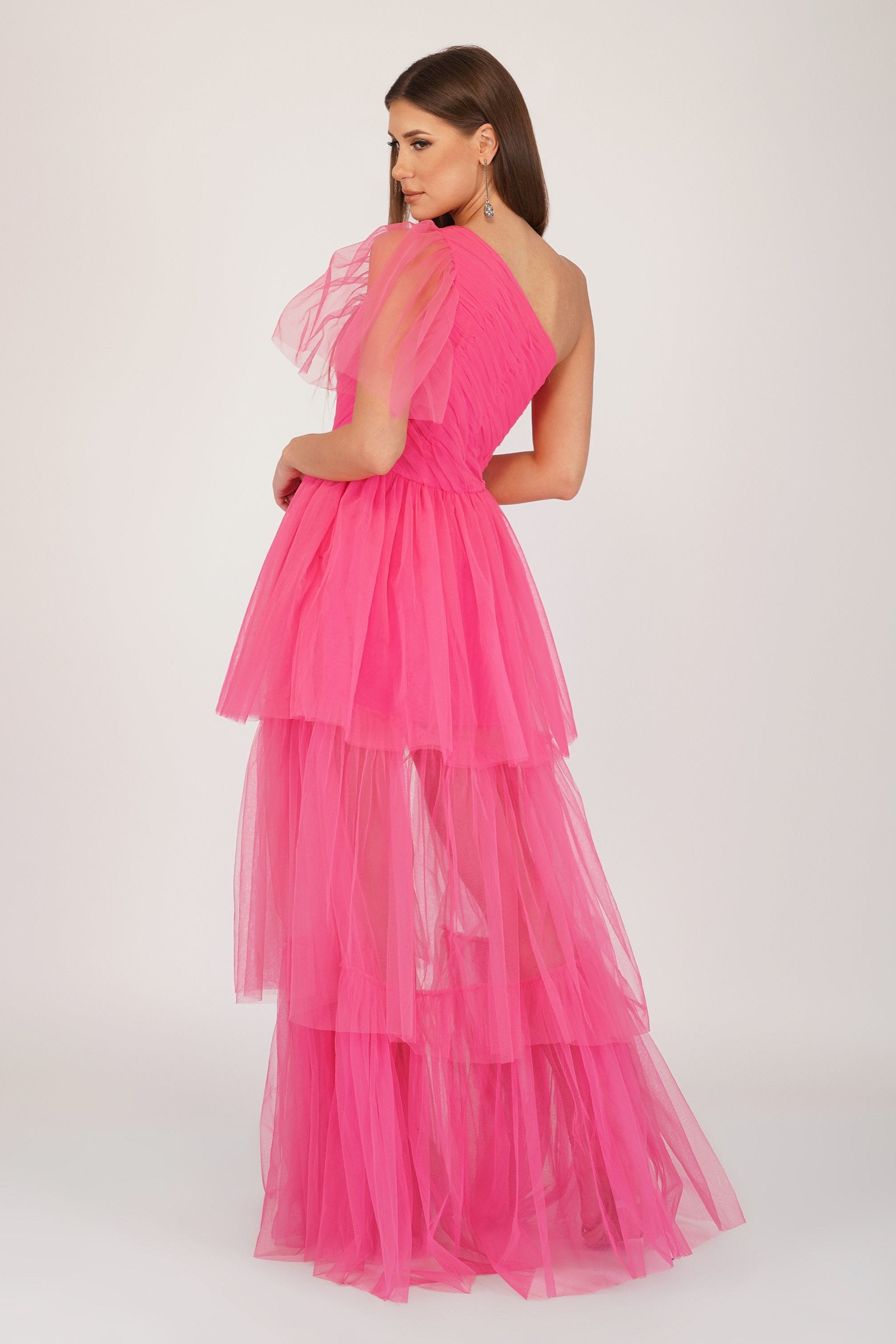 Rowena Bright Pink One Shoulder Tulle Gown - Elegant Prom Dress for Women, Formal Evening Gown for Special Occasions, Wedding Guest Dress, Quinceañera Ball Gown