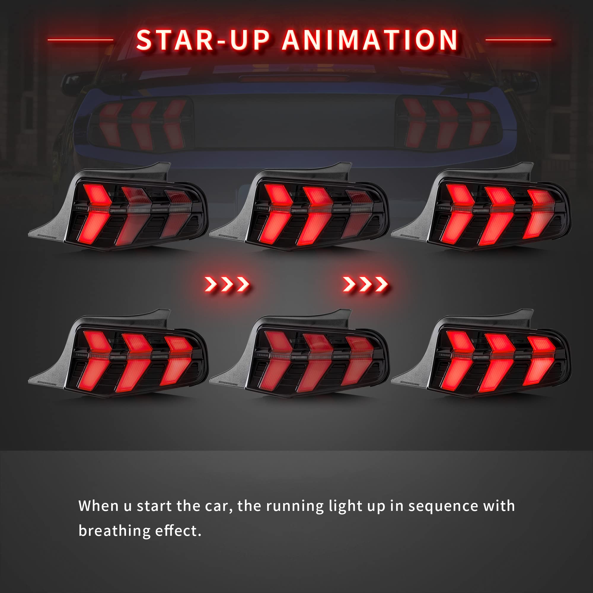 VLAND LED Tail Lights for Ford Mustang 2010-2012 - 7 Lighting Modes, Sequential Turn Signals, Startup Animation - Compatible with Driver & Passenger Side - Perfect for Night Driving and Car Customization