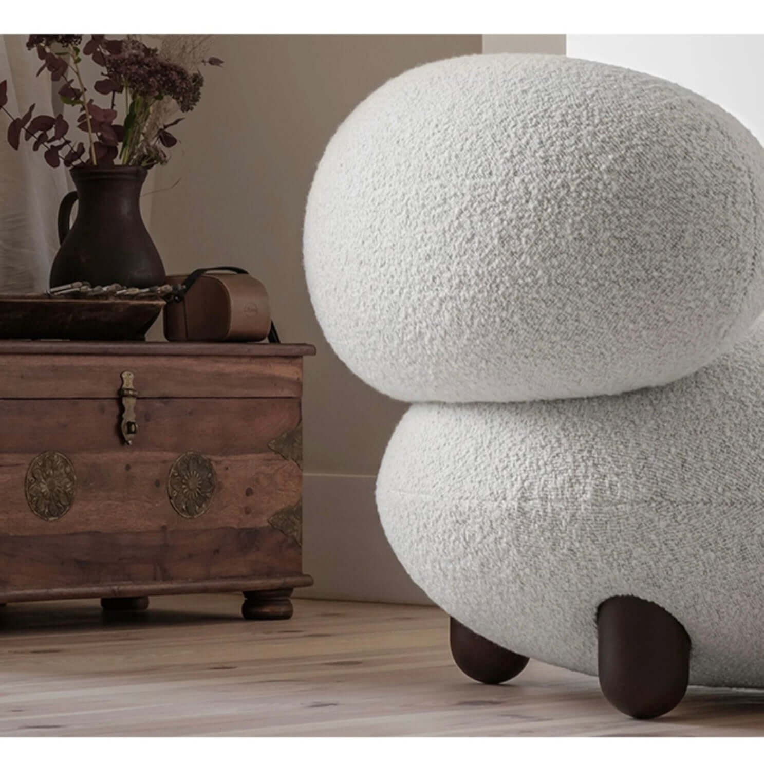 Japandi Style White Boucle Sherpa Round Accent Chair with Wooden Legs & Ottoman - Modern Scandinavian Minimalist Lounge Chair for Living Room, Bedroom or Office