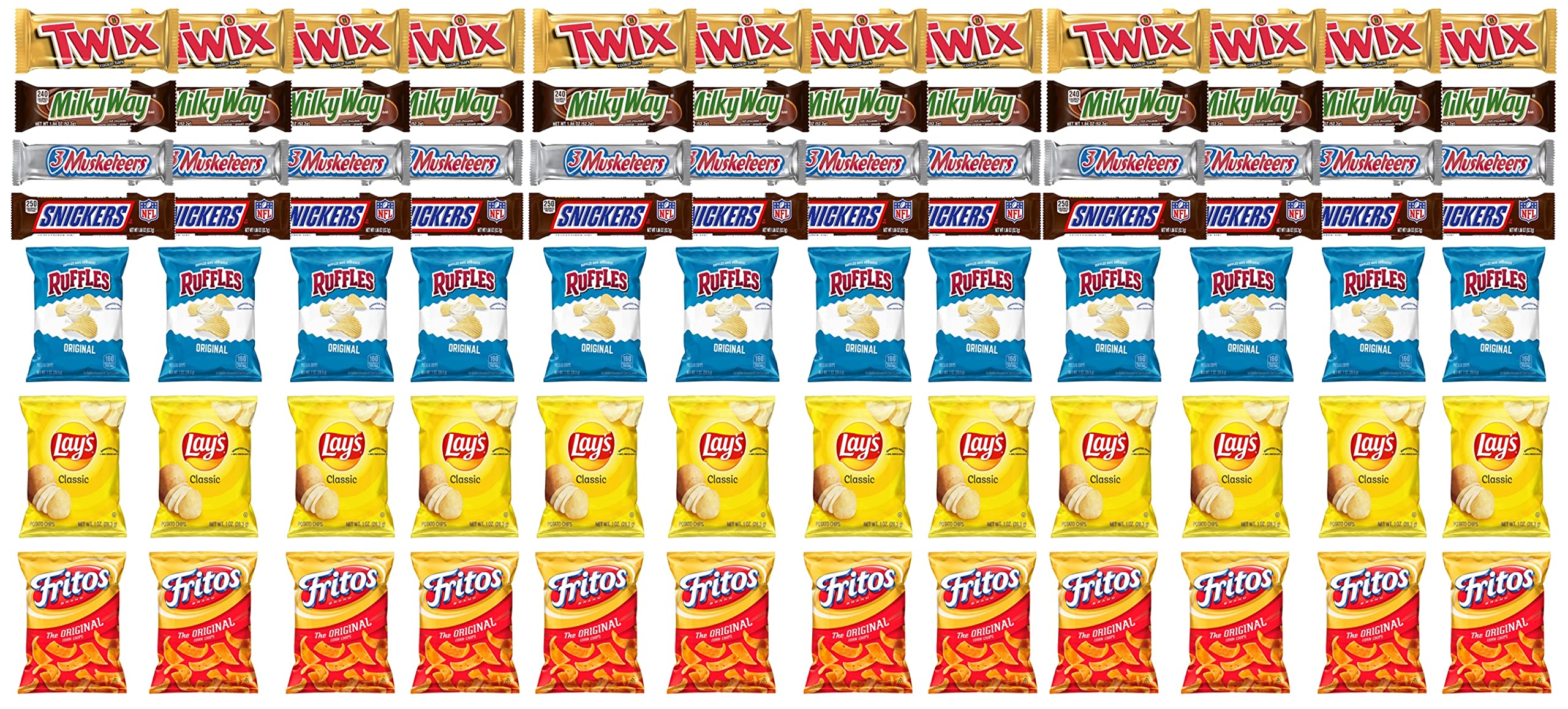 Twix, Milky Way, 3 Musketeers & Snickers Chocolate Bars with Ruffles, Lays & Fritos Chips - 84-Pack Variety Snack Box for Parties, Office Snacks & Movie Nights