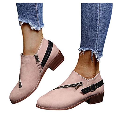 **Gibobby Women's Low Heel Ankle Boots – Arch Support, Waterproof, Lace-Up & Side Zipper – Comfortable Flat Booties for Hiking, Walking & Outdoor Activities (Pink)**