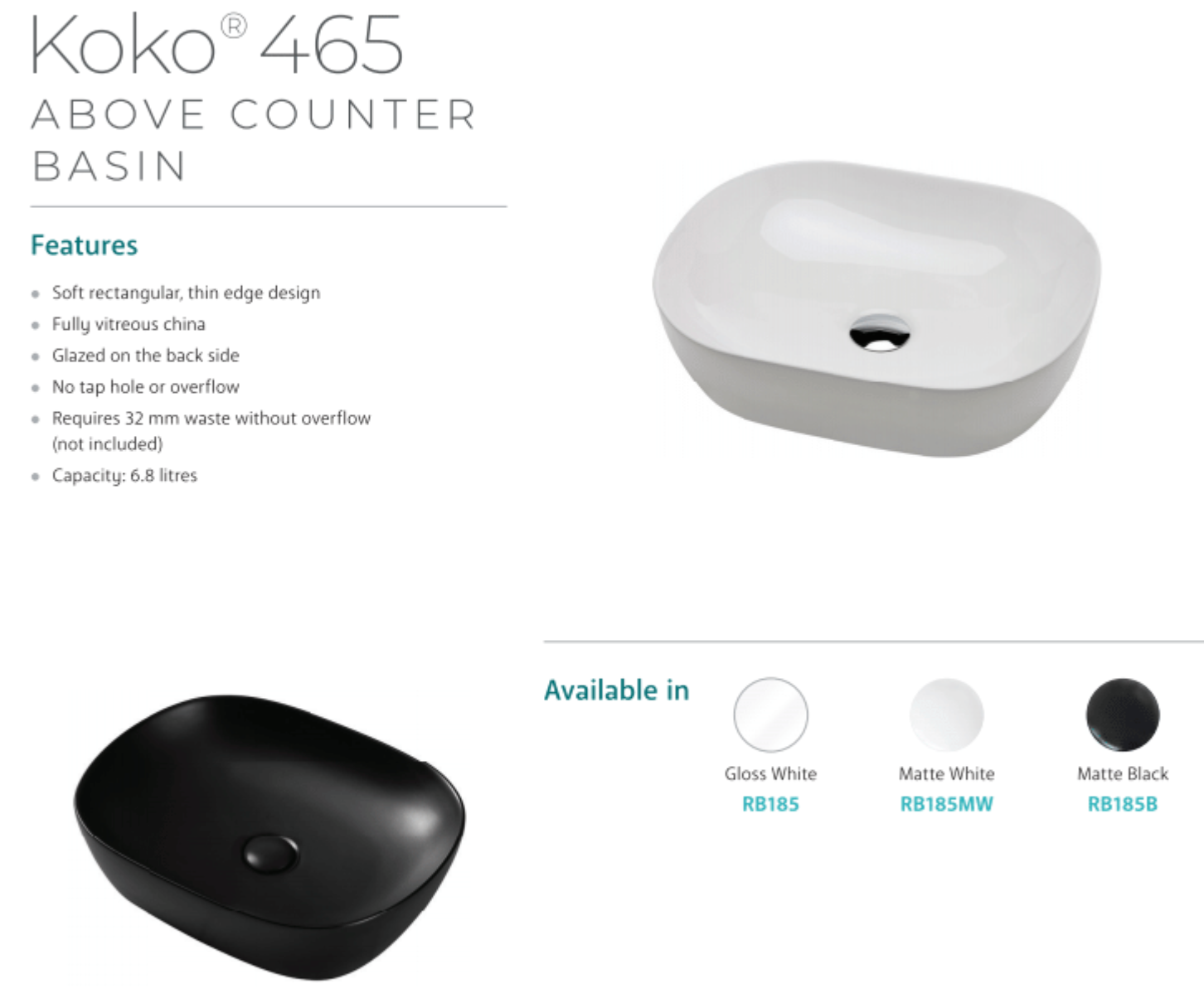 Fienza RB185MW Koko 465mm Above Counter Bathroom Sink, Matte White - Perfect for Modern Vanities and Powder Rooms