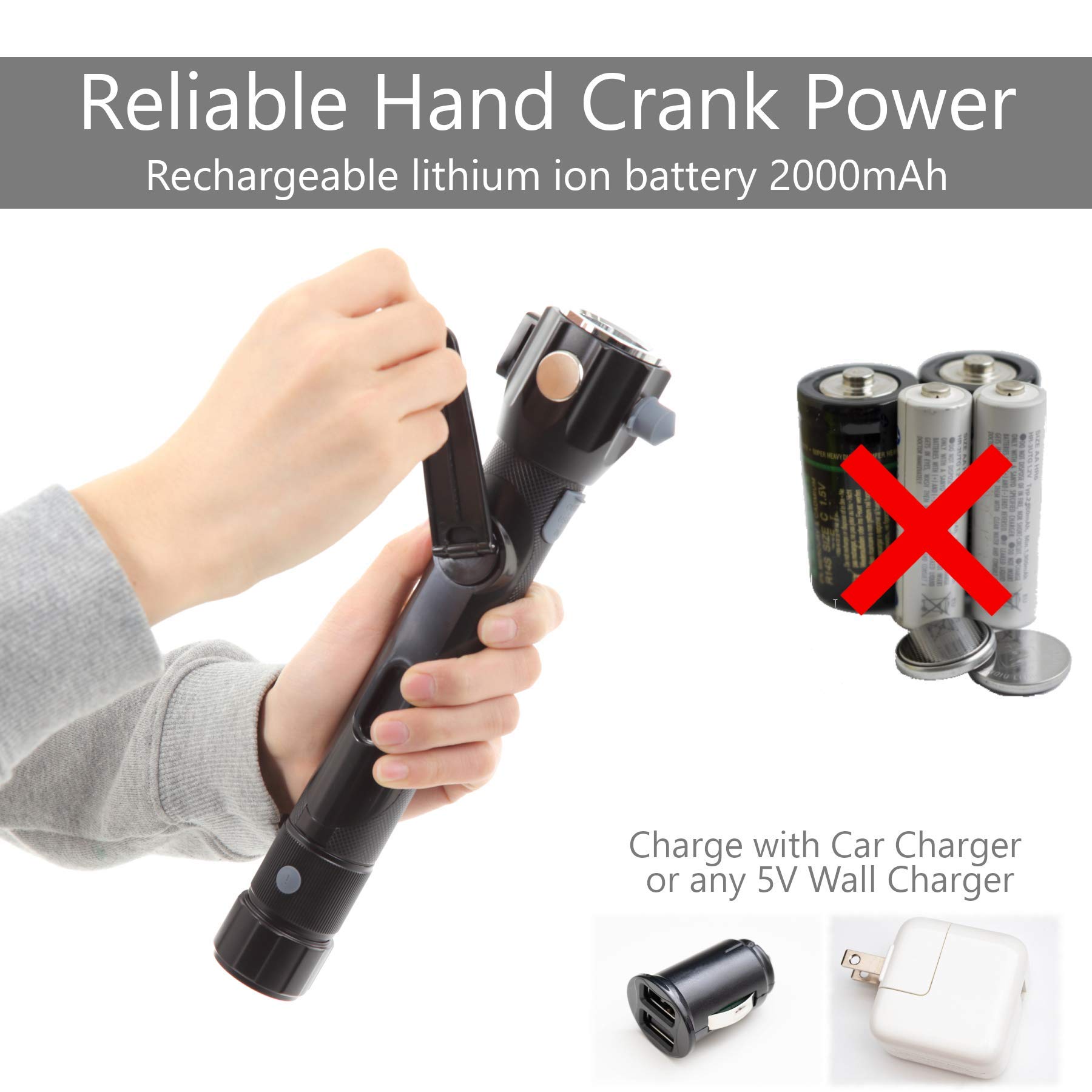 Emergency Car Flashlight with LED Light, Window Breaker & Seatbelt Cutter - USB Charging Port, Arc Lighter & Hand Crank - Perfect for Roadside Emergencies, Camping, Home Safety & Power Outages (Includes Alarm & Compass)