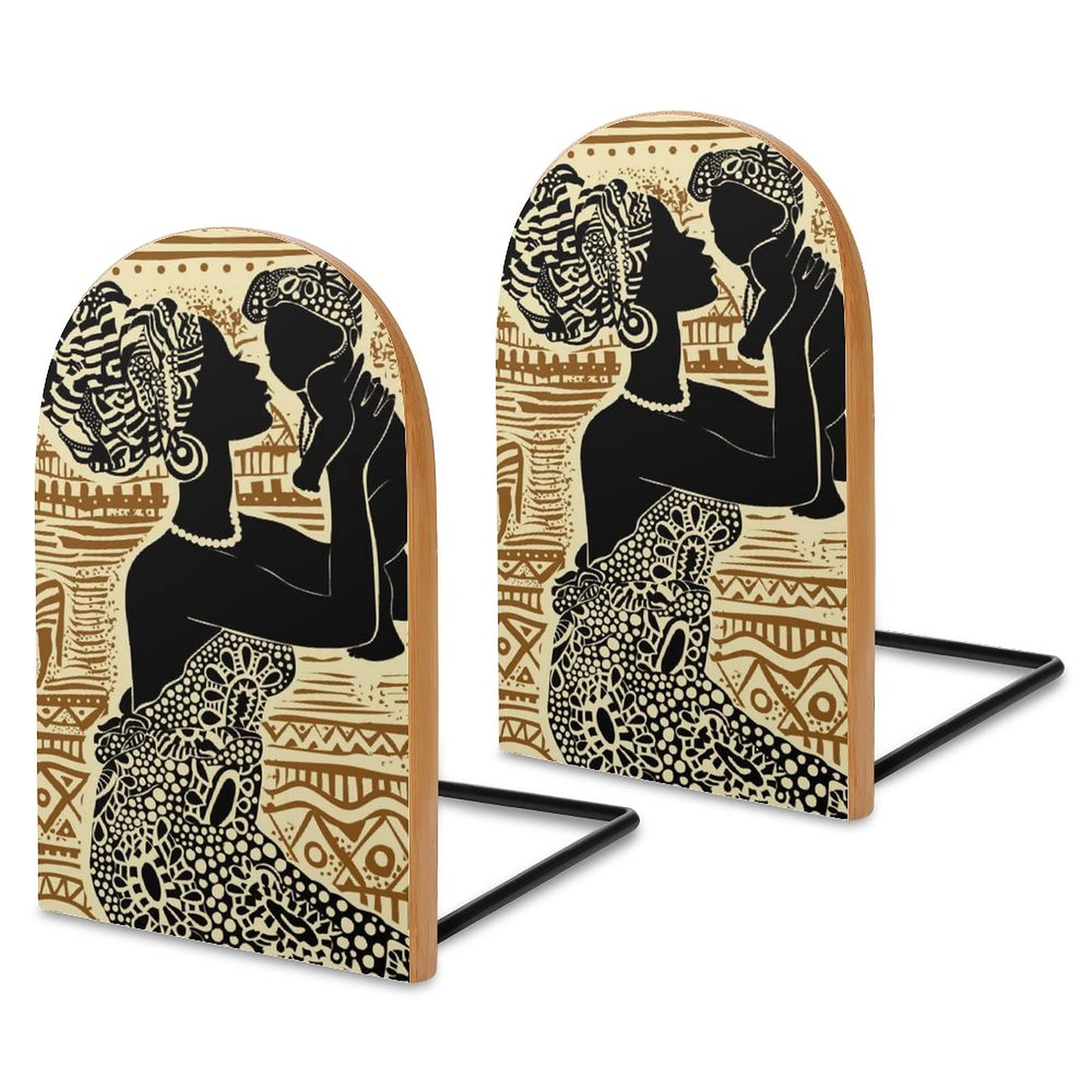 African Black Woman Wooden Bookends - Handcrafted Wood Book Stand & Holder for Books - Perfect for Library, School, Home Office, Study & Bedroom Decor (Log Design)