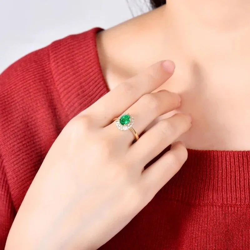 14K Yellow Gold Oval Emerald & Diamond Ring for Women - 0.8ct Natural Gemstone Engagement Ring, Luxury Jewelry Gift for Anniversary, Valentine's Day & Special Occasions