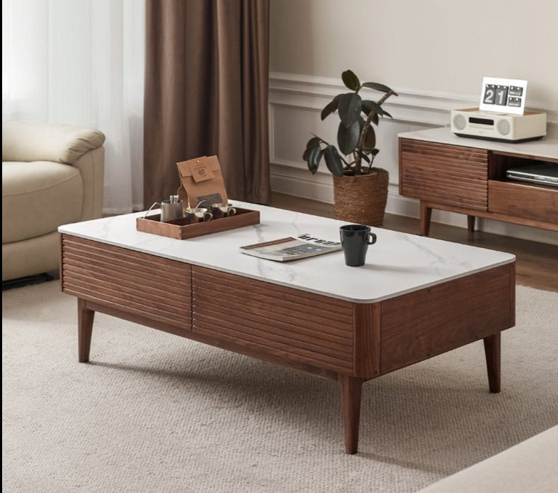 Handcrafted Black Walnut Coffee Table with Natural Slate Top - Rustic Modern Living Room Furniture for Home Decor