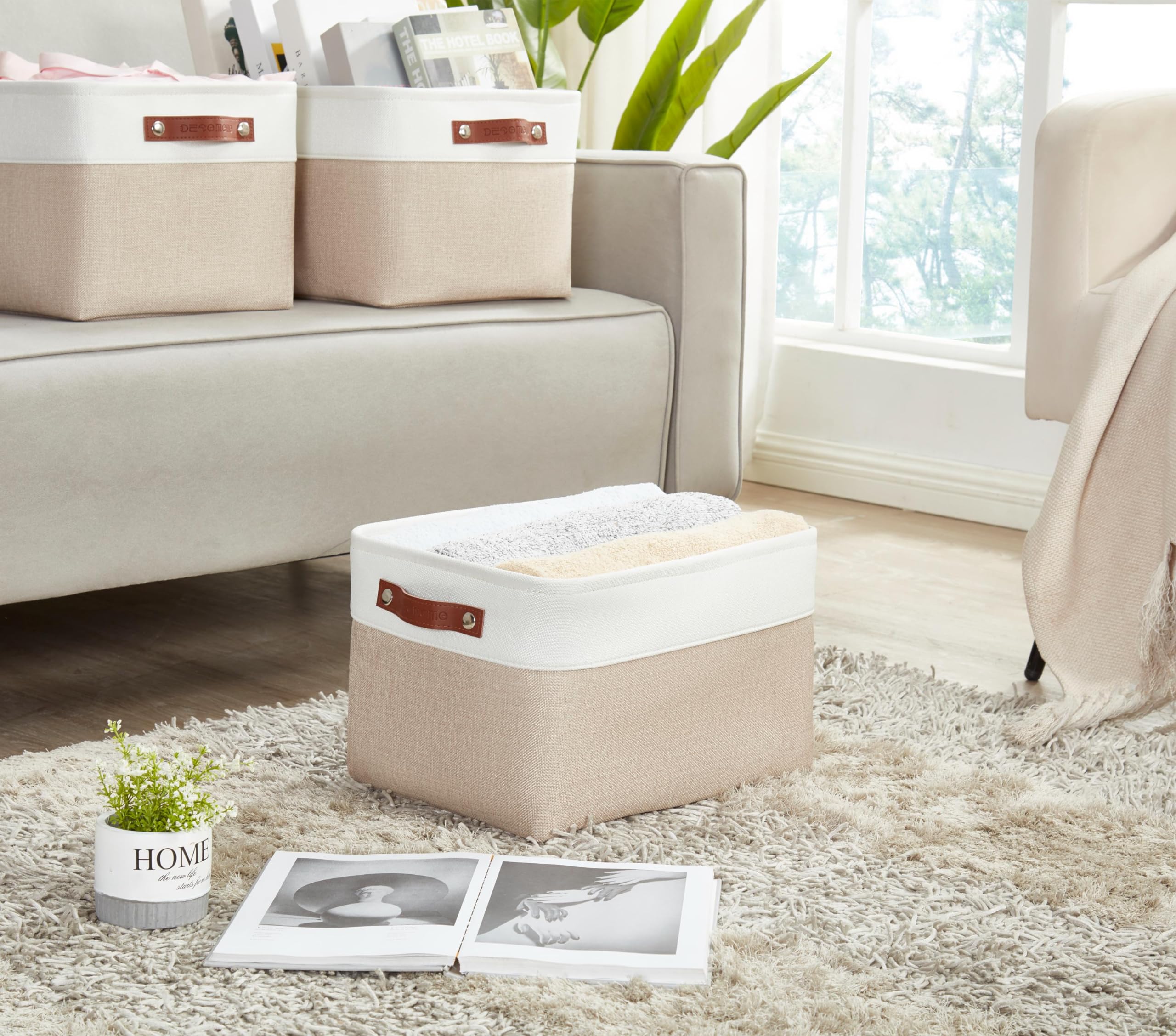 DECOMOMO Fabric Storage Bins - Extra Large 3-Pack Beige & White Closet Organizer Baskets for Shelves, Toys, Nursery, and Linen Closet Organization | Perfect for Home, Office, and Kids Room Storage Solutions