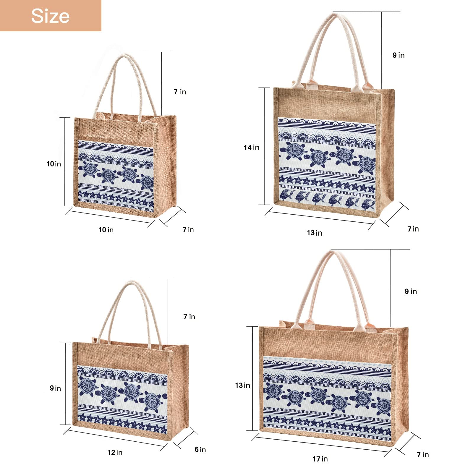 Eco-Friendly Boho Turtle Wave Jute Tote Bag with Zipper & Handles - Reusable Grocery Shopping Bag with Front Canvas Pocket - 10x10 Inch Beach Tote for Women, Market, Travel & Picnic