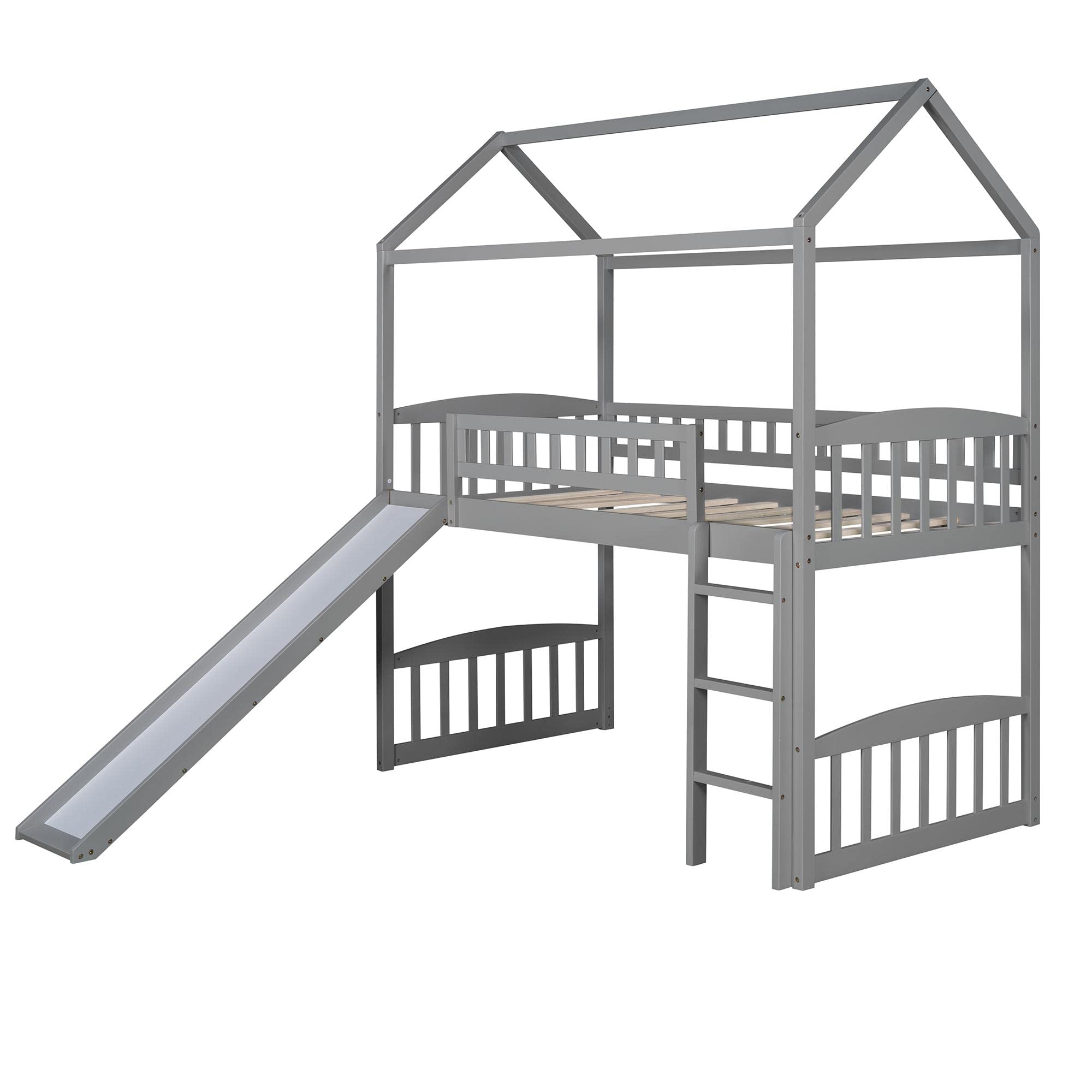 JINS&VICO Twin Loft Bed with Slide and Ladder - Wooden Playhouse Bed with Roof & Safety Guardrails for Kids - Space-Saving Bunk Bed (77.4