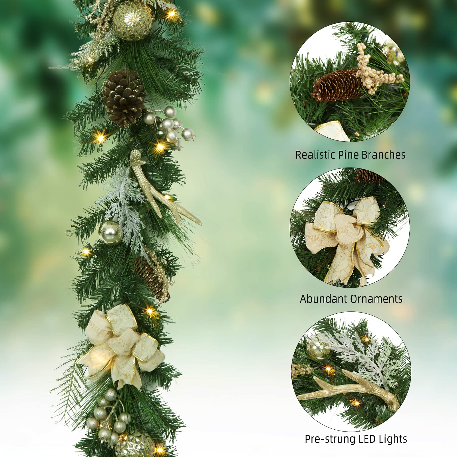 Adeeing 6 FT Pre-Lit Christmas Garland with 20 LED Battery Operated Lights - Outdoor Holiday Decoration with Stars, Flowers & Berry Branches in Gold | Perfect for Fireplace Mantel, Staircase & Front Door Decor