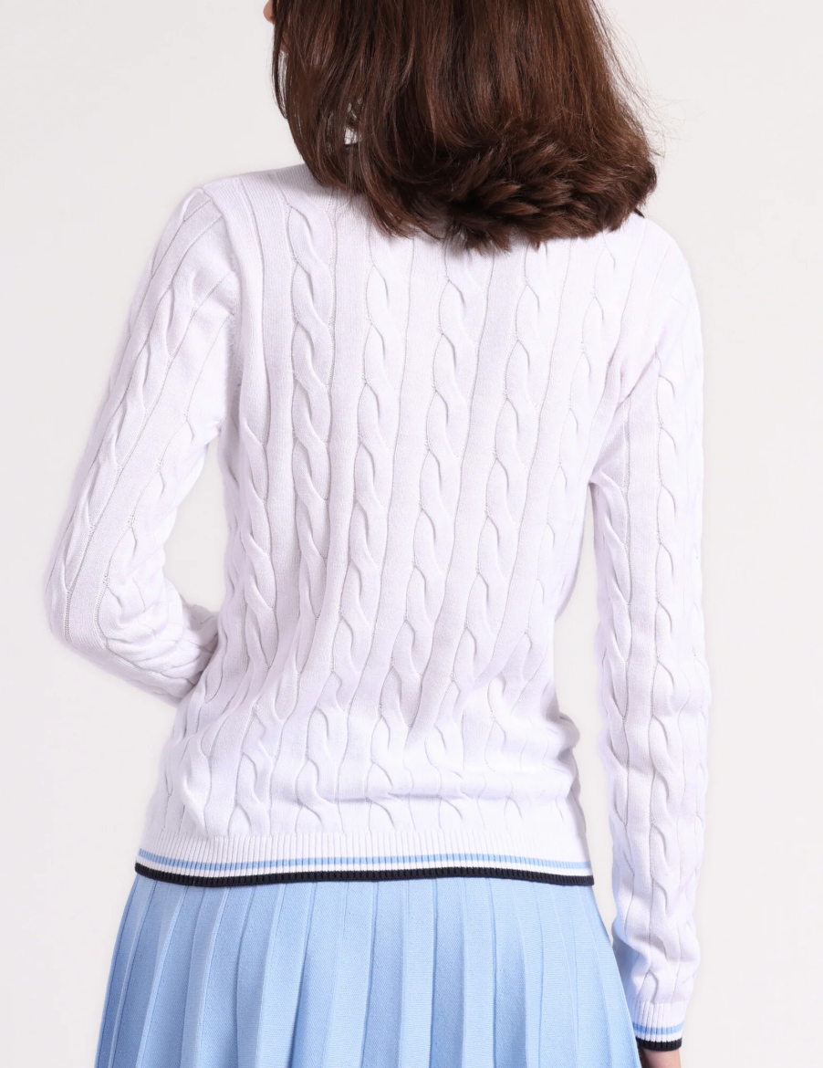 Minnie Rose Women's Cotton Sporty Cable Knit V-Neck Sweater - Cozy Casual Pullover for Fall & Winter Outfits