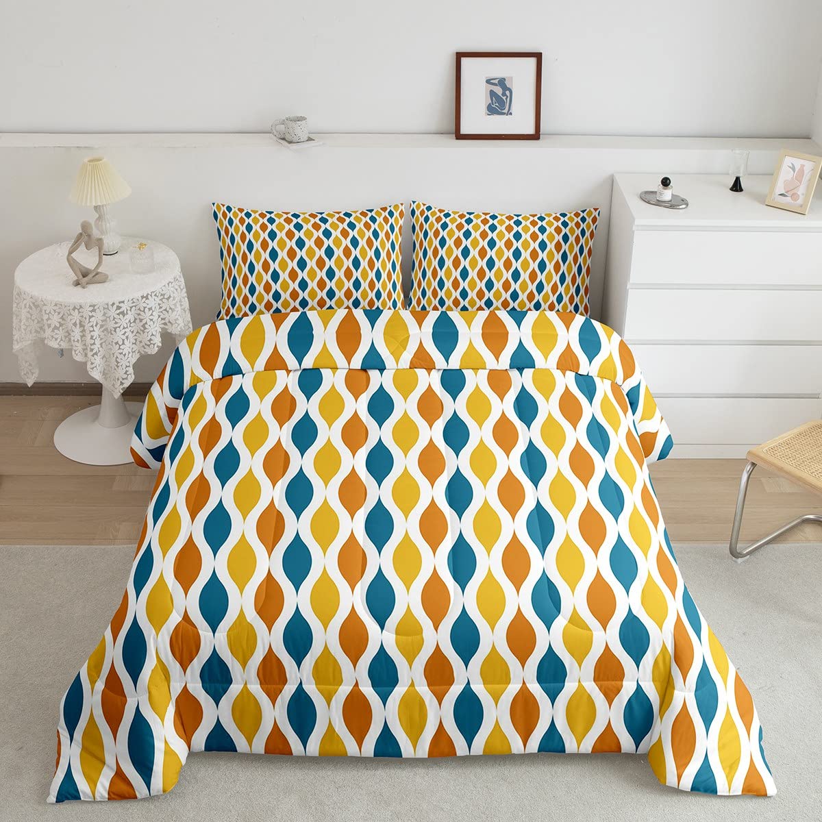 Blue and Yellow Wavy Stripes Comforter Set Queen Size - Modern Abstract Geometric Bedding for Kids & Adults | Lightweight Soft Comforters with 2 Pillowcases | Perfect for Boys' Room Decor, Teen Bedrooms & Contemporary Home Styling