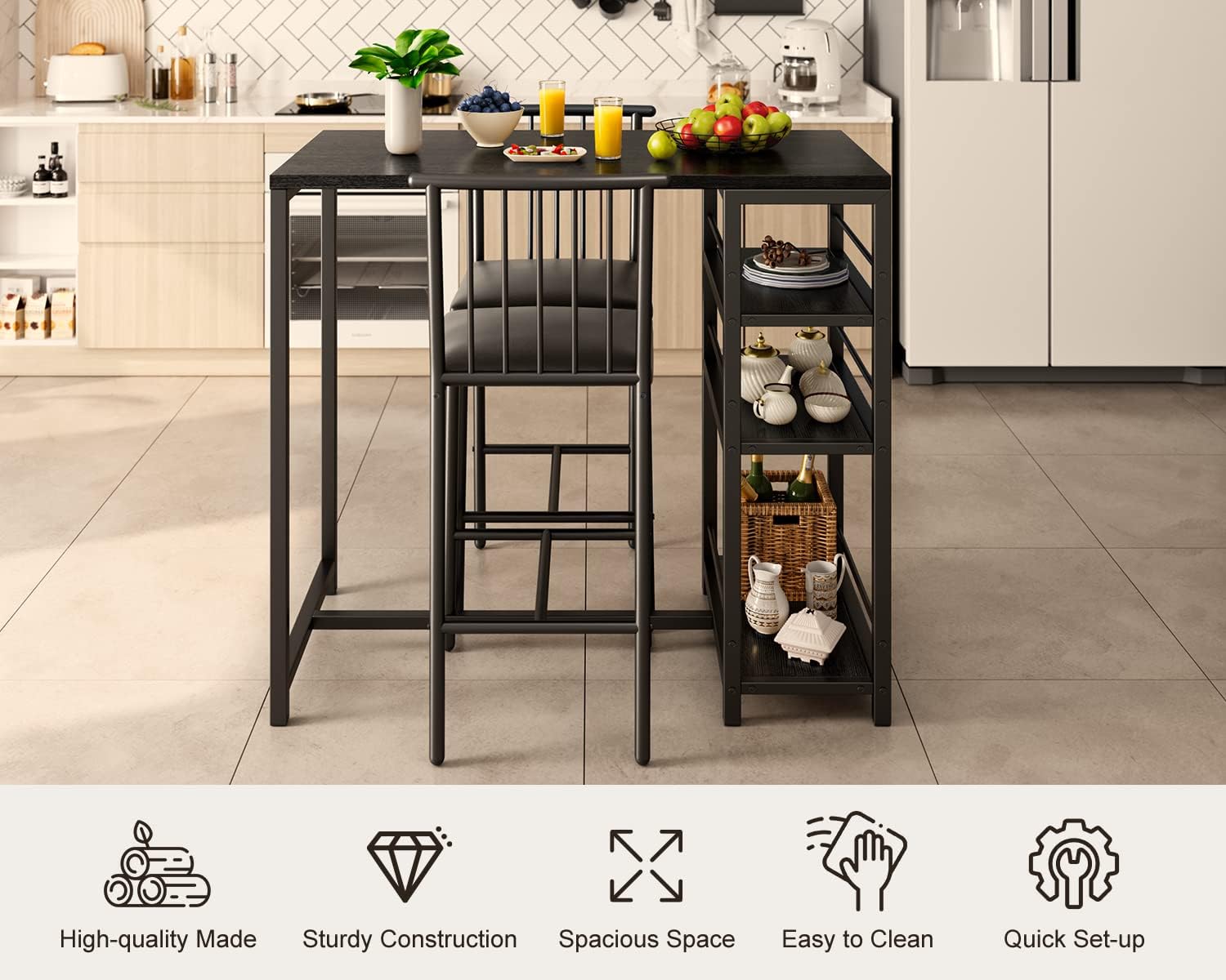 Gizoon 3-Piece Dining Table Set for 2 with Storage Shelves - Kitchen Table & Chairs with PU Cushion Seats & Thick Wood Top - Compact Space-Saving Design for Small Apartments, Breakfast Nooks & Cozy Kitchens - Black