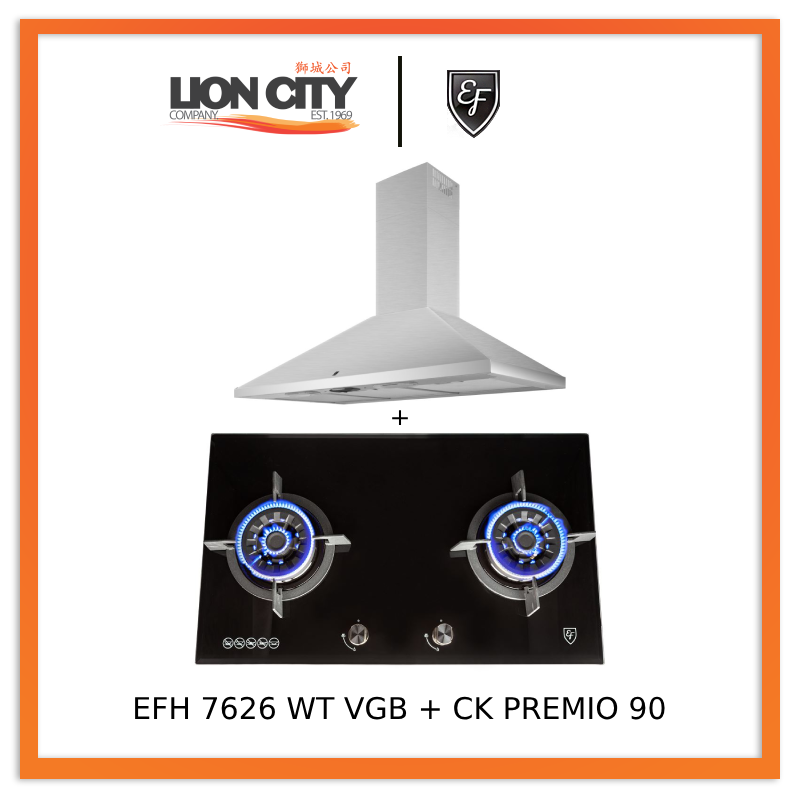 EF CK Premio 90 Stainless Steel Chimney Range Hood with EF EFH 7626 WT VGB 78cm Built-in Gas Cooktop - 2 Wok Burners for Professional Cooking | Perfect for Home Kitchens & Restaurant Style Cooking