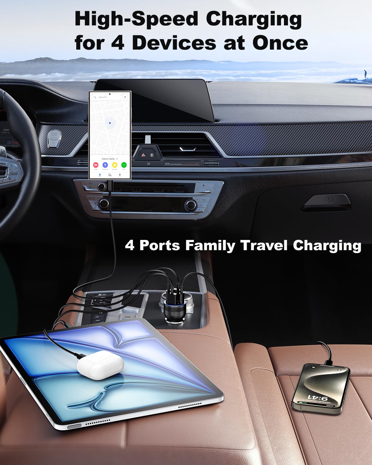 65W 4-Port USB C Car Charger with PD30W/QC3.0 Fast Charging - Compatible with iPhone 16/15 Series, iPad - Includes 6FT Braided USB C to C Cable - Perfect for Road Trips, Commuting & Multi-Device Charging in Car