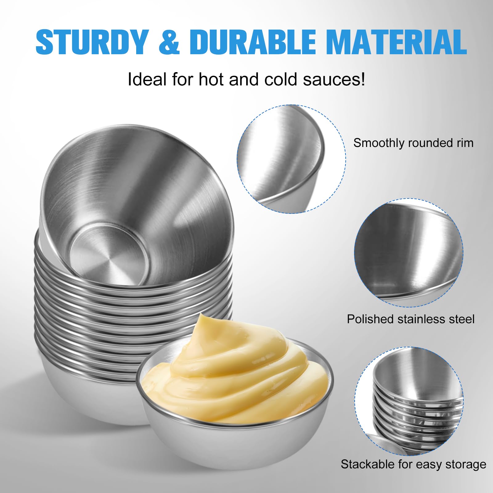 20 Pack 3.2 Inch Stainless Steel Mini Sauce Bowls - 3.5 oz Small Individual Condiment Dishes for Soy Sauce, Sushi Dip, Seasoning - Perfect for Kitchen Prep, Appetizer Serving & Side Dish Presentation