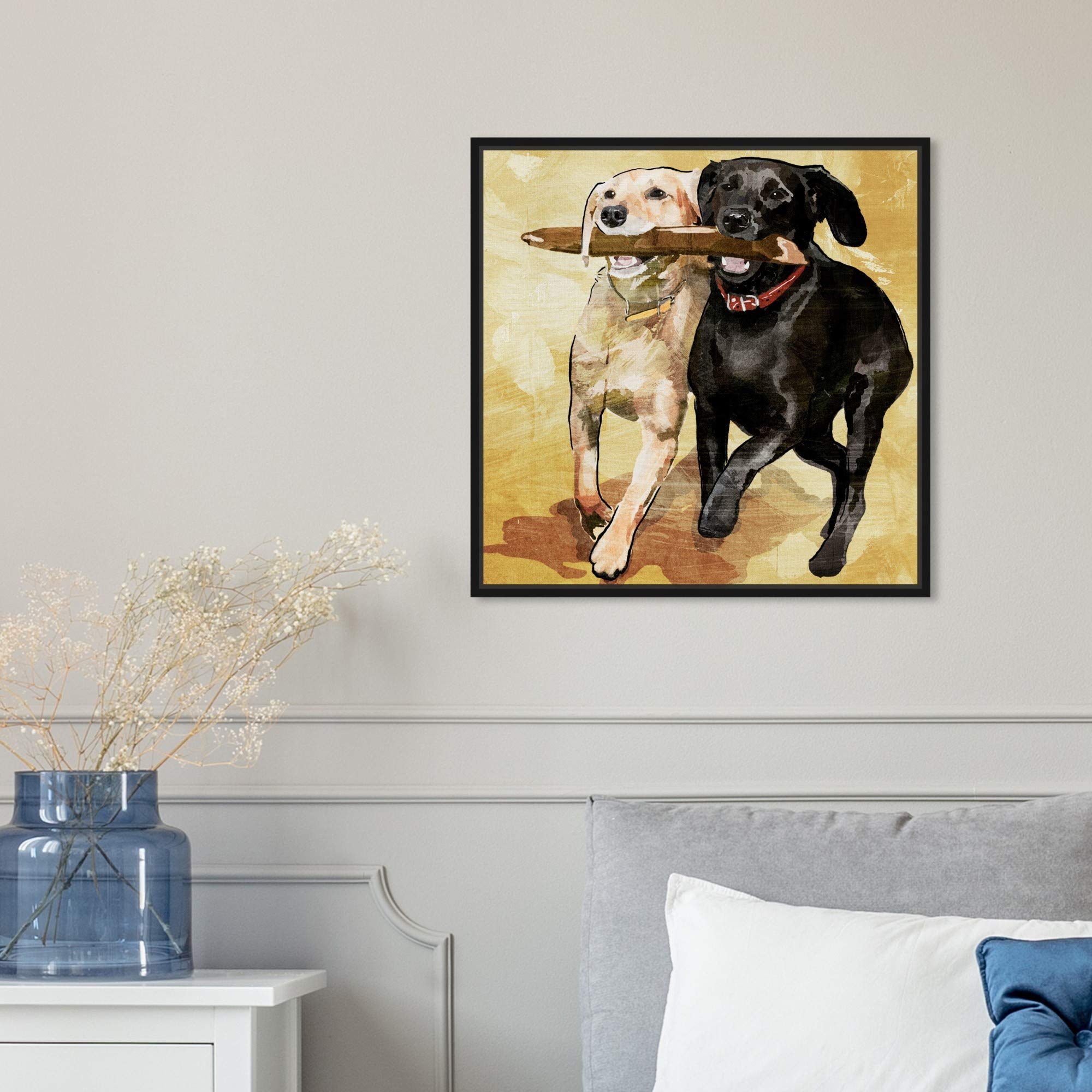 Playtime Dogs and Puppies Framed Wall Art Canvas Prints - Animal Themed Home Decor for Living Room, Bedroom & Office