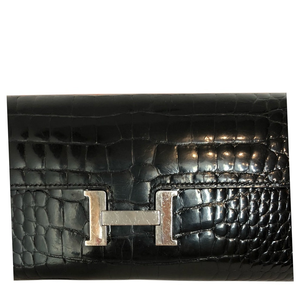 Hermès Constance Long Alligator Noir Wallet Clutch - Luxury Crocodile Leather Handbag for Women, Perfect for Evening Parties & Special Occasions