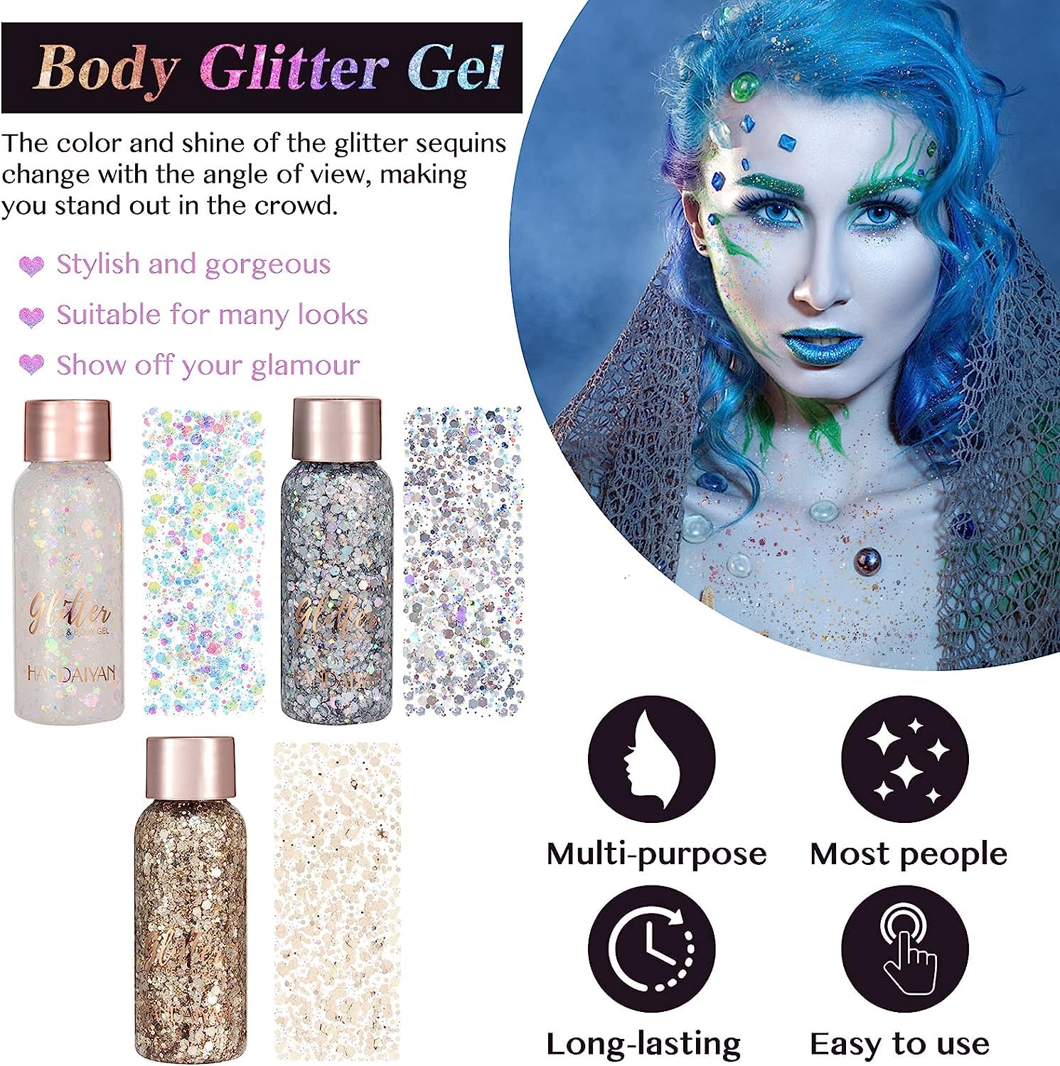 Holographic Body Glitter Liquid - Long Lasting Festival Makeup Glitter for Face, Hair & Eyeshadow - Chunky Glitter Sequins, No Glue Needed, Easy to Remove (09 - White) | Perfect for Raves, Concerts, Halloween & Cosplay