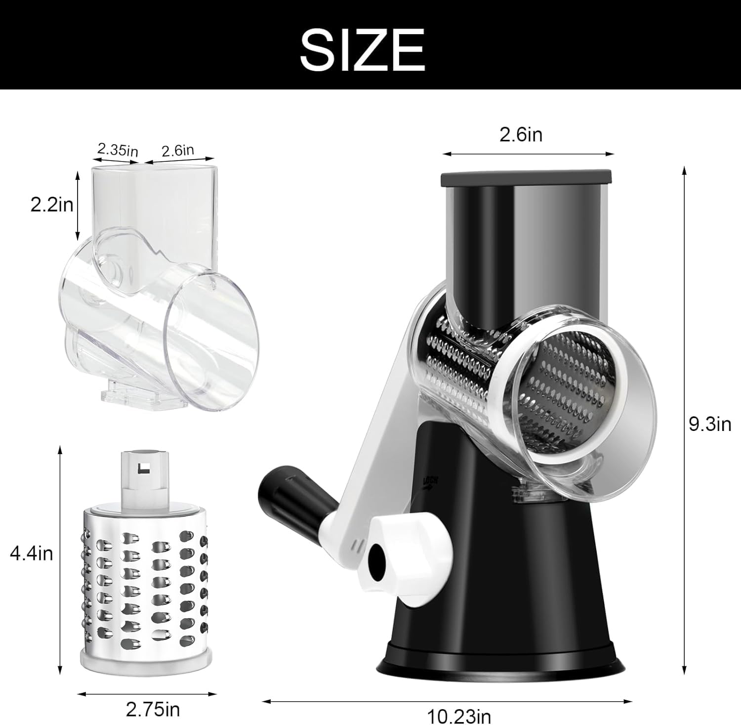 Cambom Rotary Cheese Grater - Hand Crank Cheese Shredder for Fresh Cheese, Vegetables & Nuts with Non-Slip Suction Base - Includes Free Cleaning Brush & 3 Blades (Black) - Perfect for Kitchen, Pizza Making & Food Prep